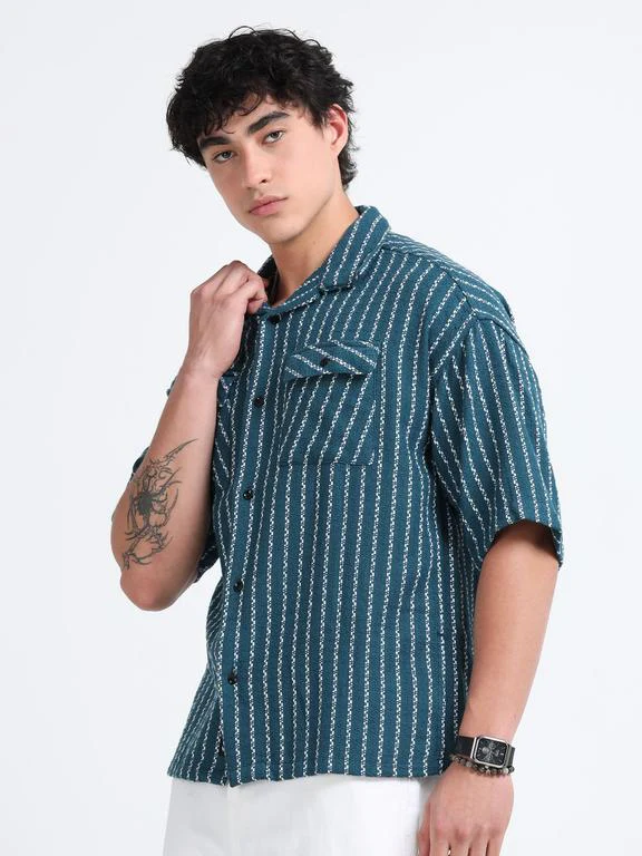 Men Striped Short Sleeve Casual Drop Shoulder Shirt - Image 2
