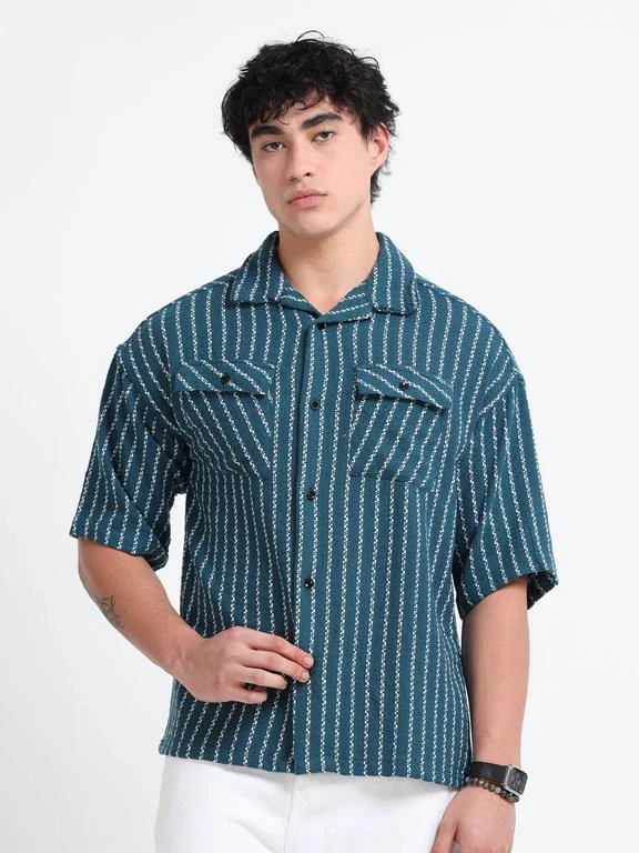Men Striped Short Sleeve Casual Drop Shoulder Shirt - Image 4