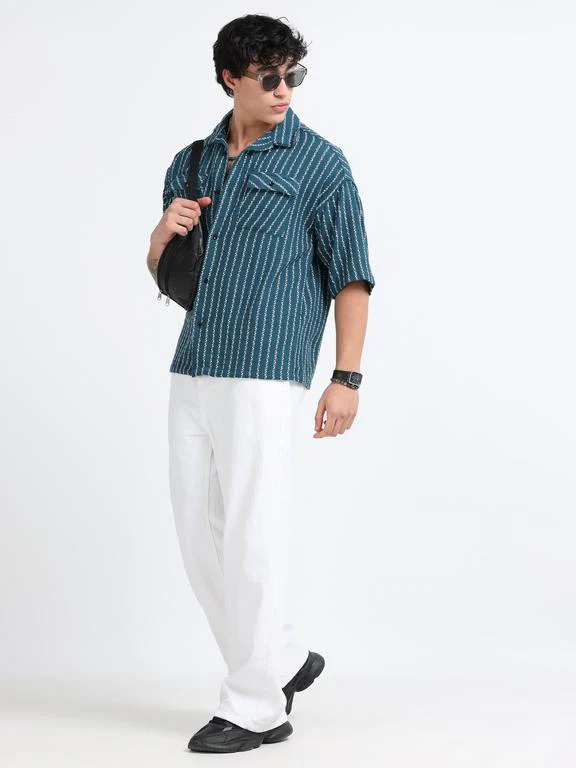 Men Striped Short Sleeve Casual Drop Shoulder Shirt - Image 7