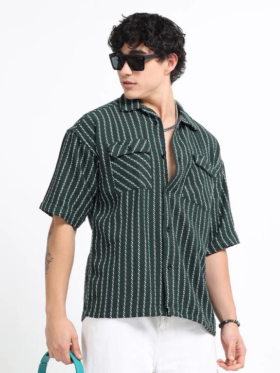 Men Striped Short Sleeve Casual Drop Shoulder Shirt - Image 2