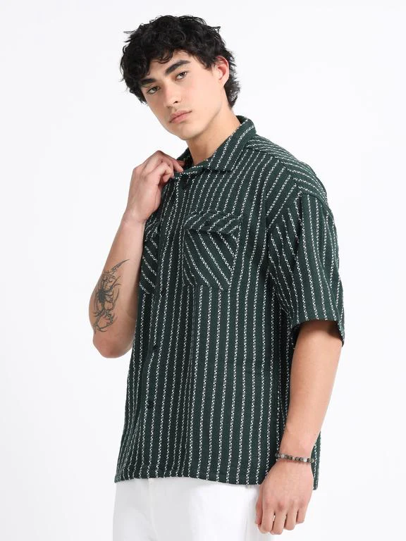 Men Striped Short Sleeve Casual Drop Shoulder Shirt - Image 4