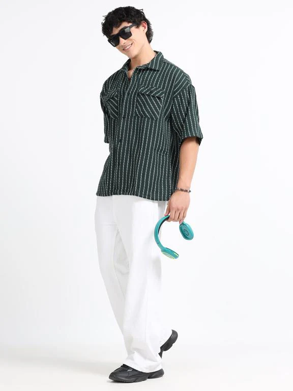 Men Striped Short Sleeve Casual Drop Shoulder Shirt - Image 7