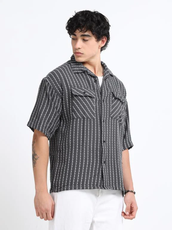 Men Striped Short Sleeve Casual Drop Shoulder Shirt - Image 4