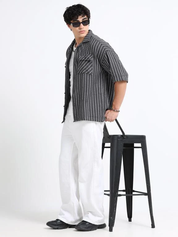 Men Striped Short Sleeve Casual Drop Shoulder Shirt - Image 7