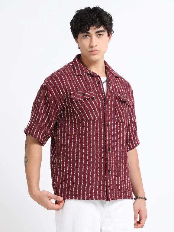 Men Striped Short Sleeve Casual Drop Shoulder Shirt - Image 2