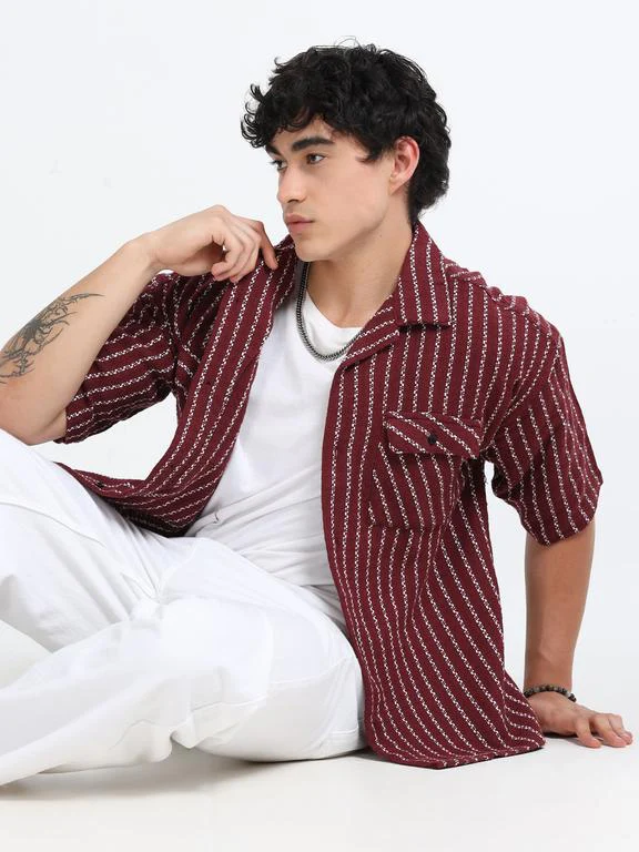 Men Striped Short Sleeve Casual Drop Shoulder Shirt - Image 4