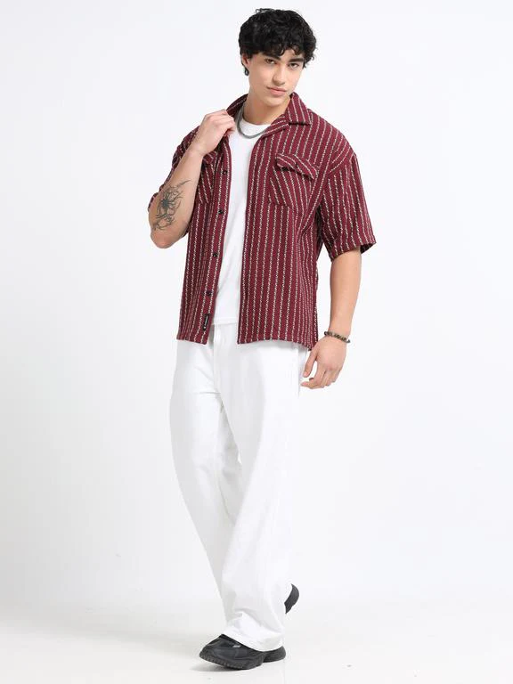 Men Striped Short Sleeve Casual Drop Shoulder Shirt - Image 7