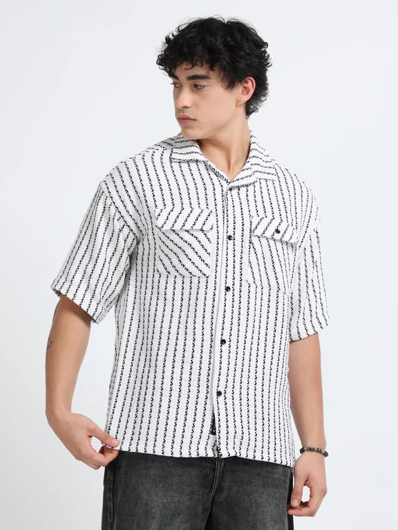 Men Striped Short Sleeve Casual Drop Shoulder Shirt - Image 4