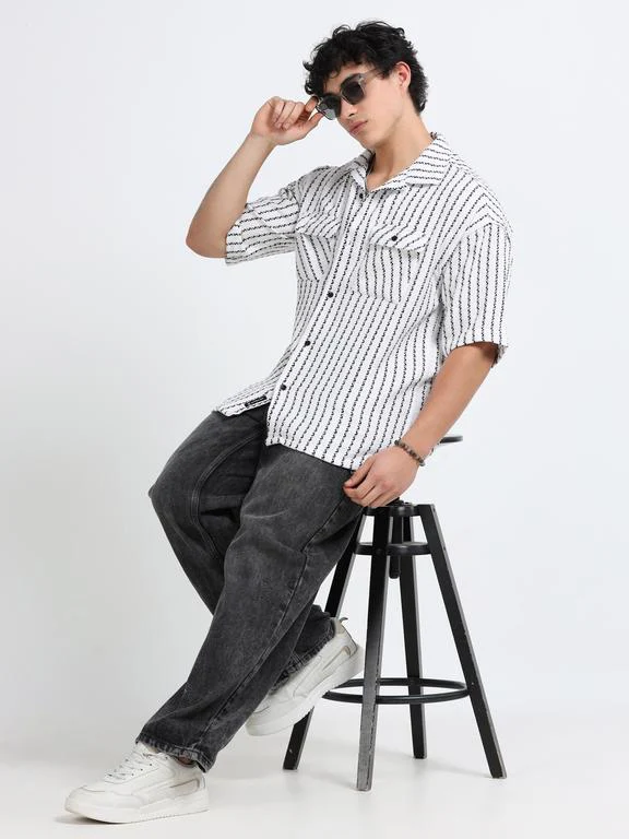 Men Striped Short Sleeve Casual Drop Shoulder Shirt - Image 7