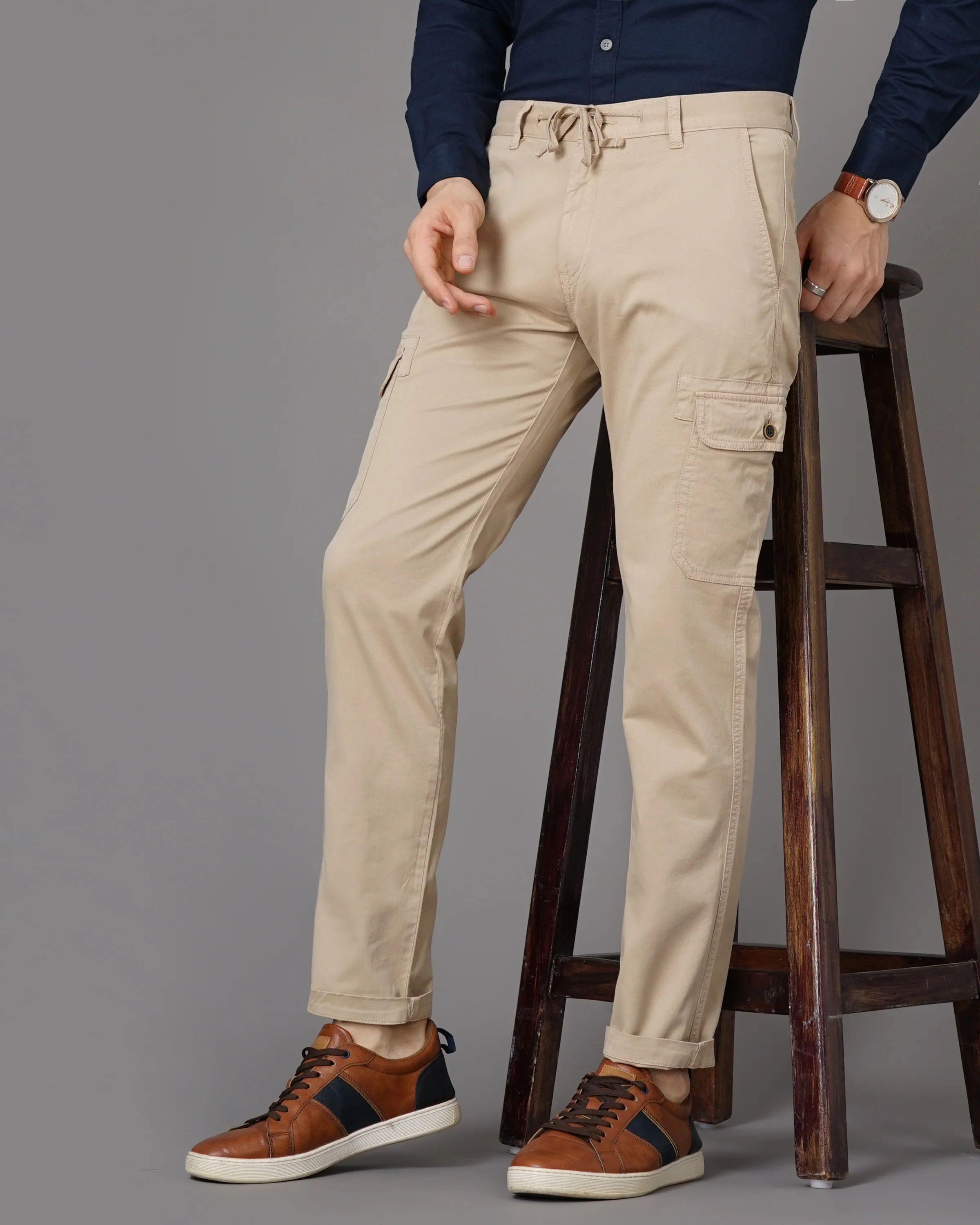 Men Taupe Trousers - Image 2
