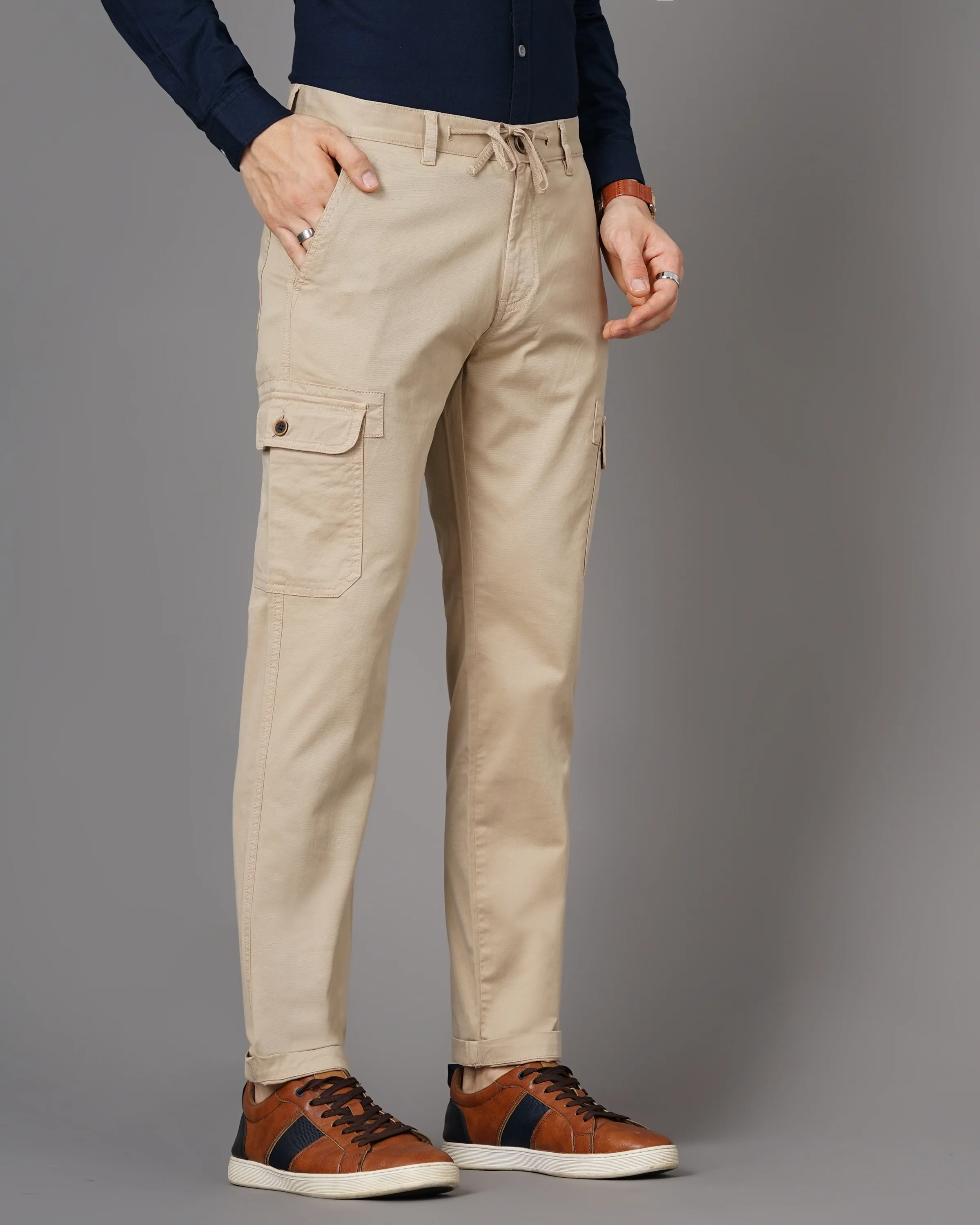 Men Taupe Trousers - Image 3