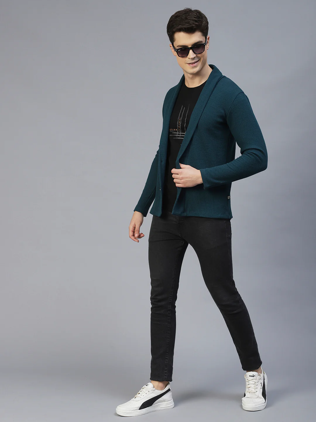 Men Teal Shawl Collar Waffle Knit Shrug - Image 2