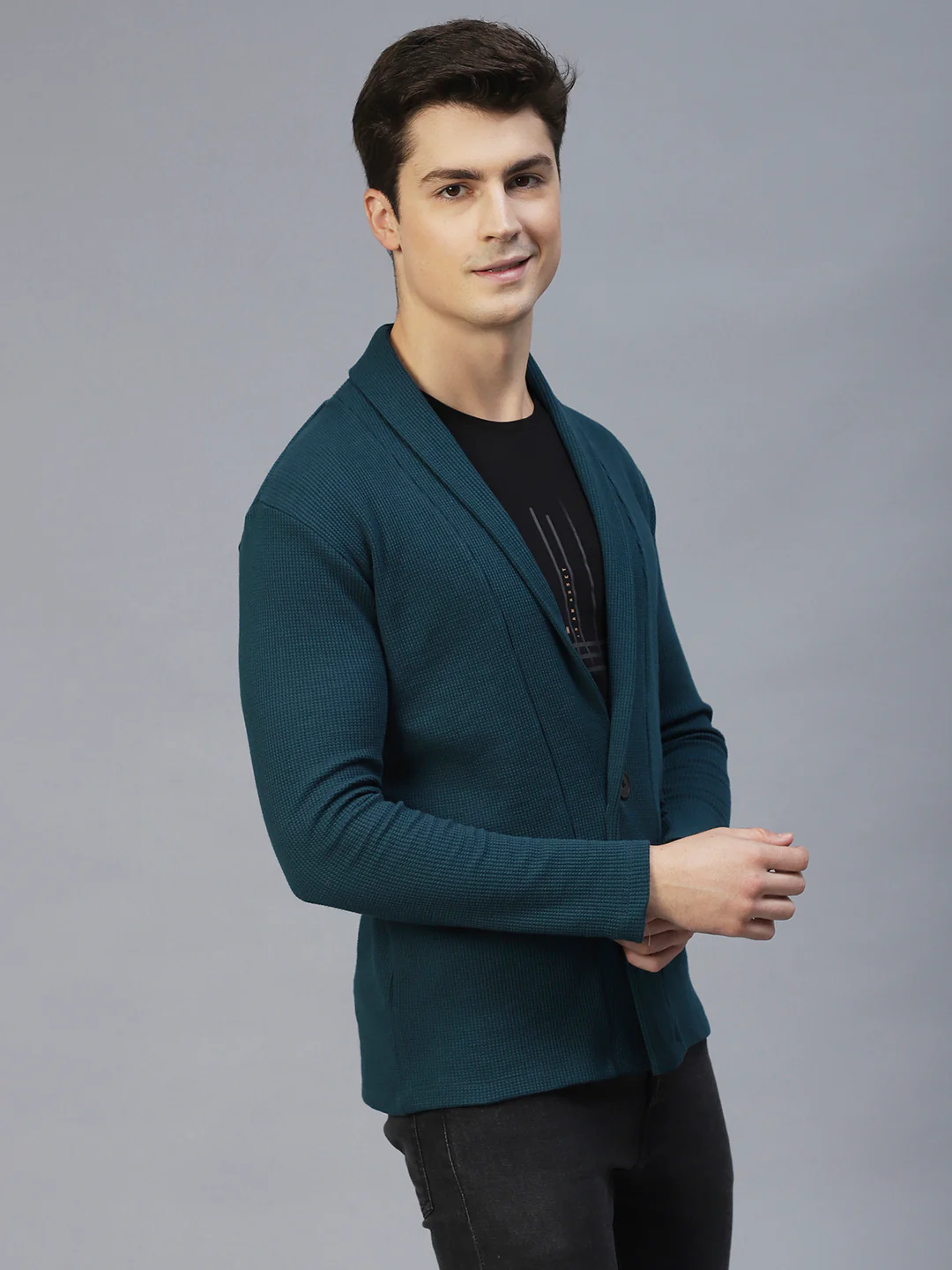 Men Teal Shawl Collar Waffle Knit Shrug - Image 3
