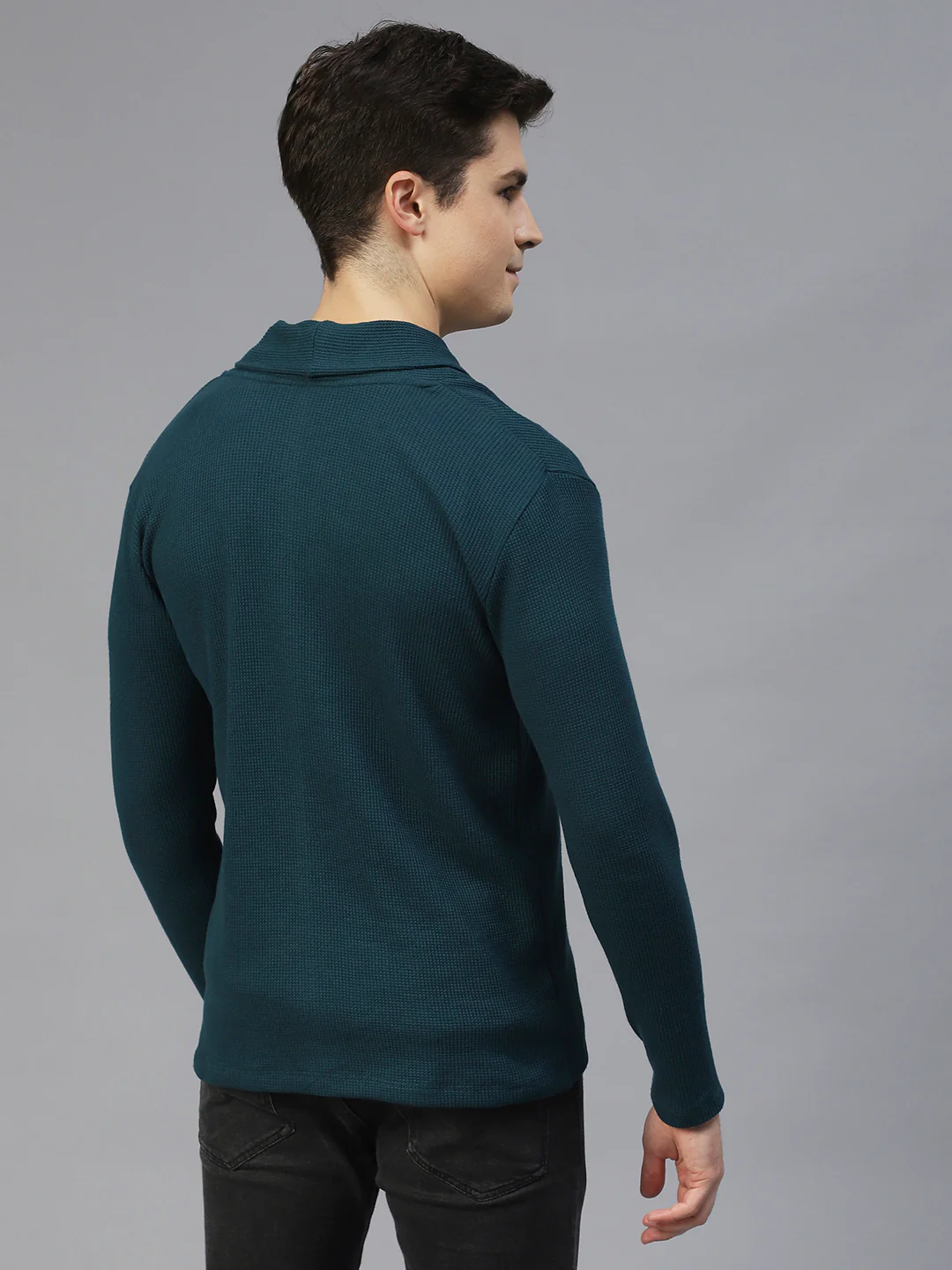 Men Teal Shawl Collar Waffle Knit Shrug - Image 4