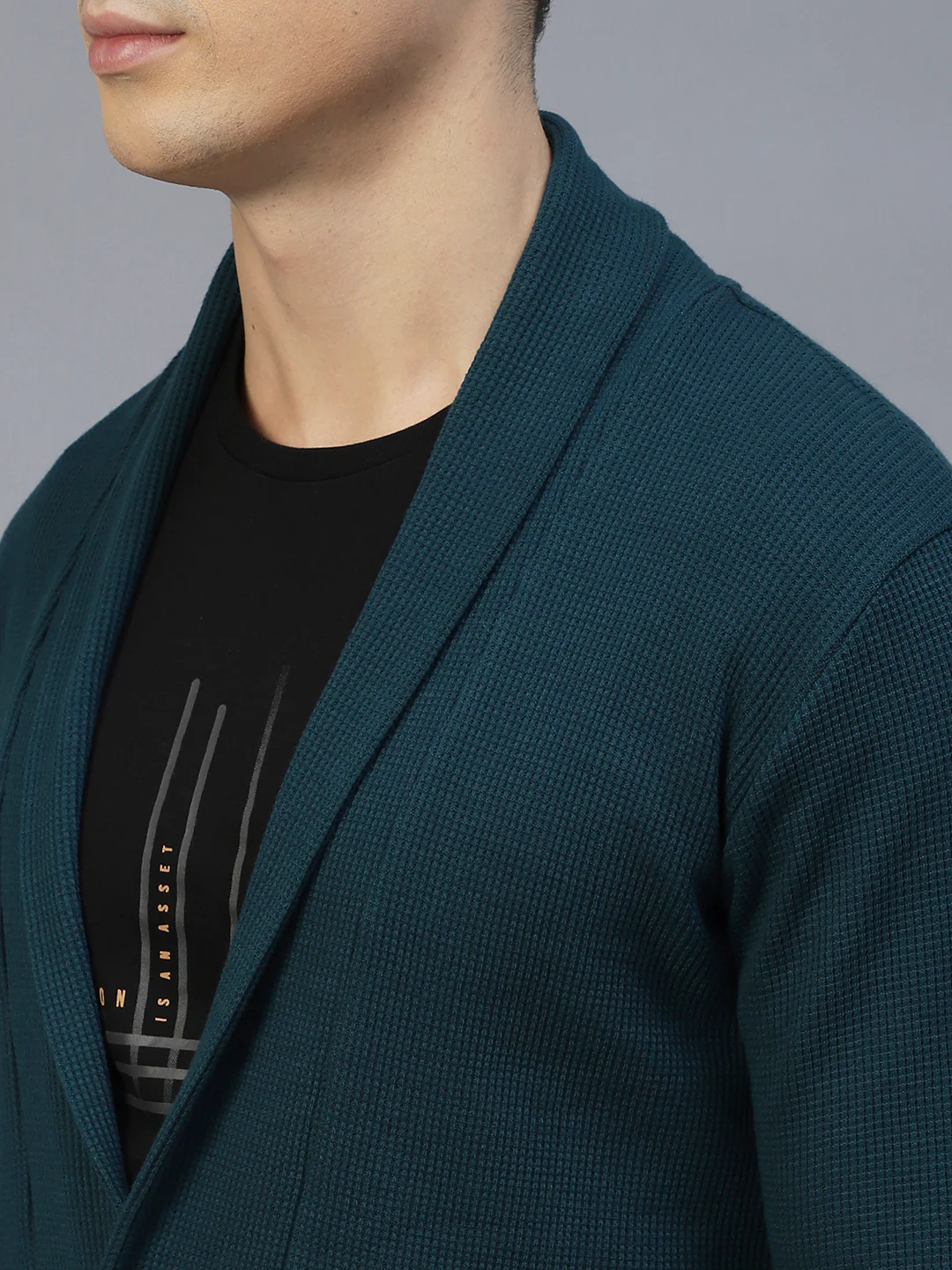 Men Teal Shawl Collar Waffle Knit Shrug - Image 5