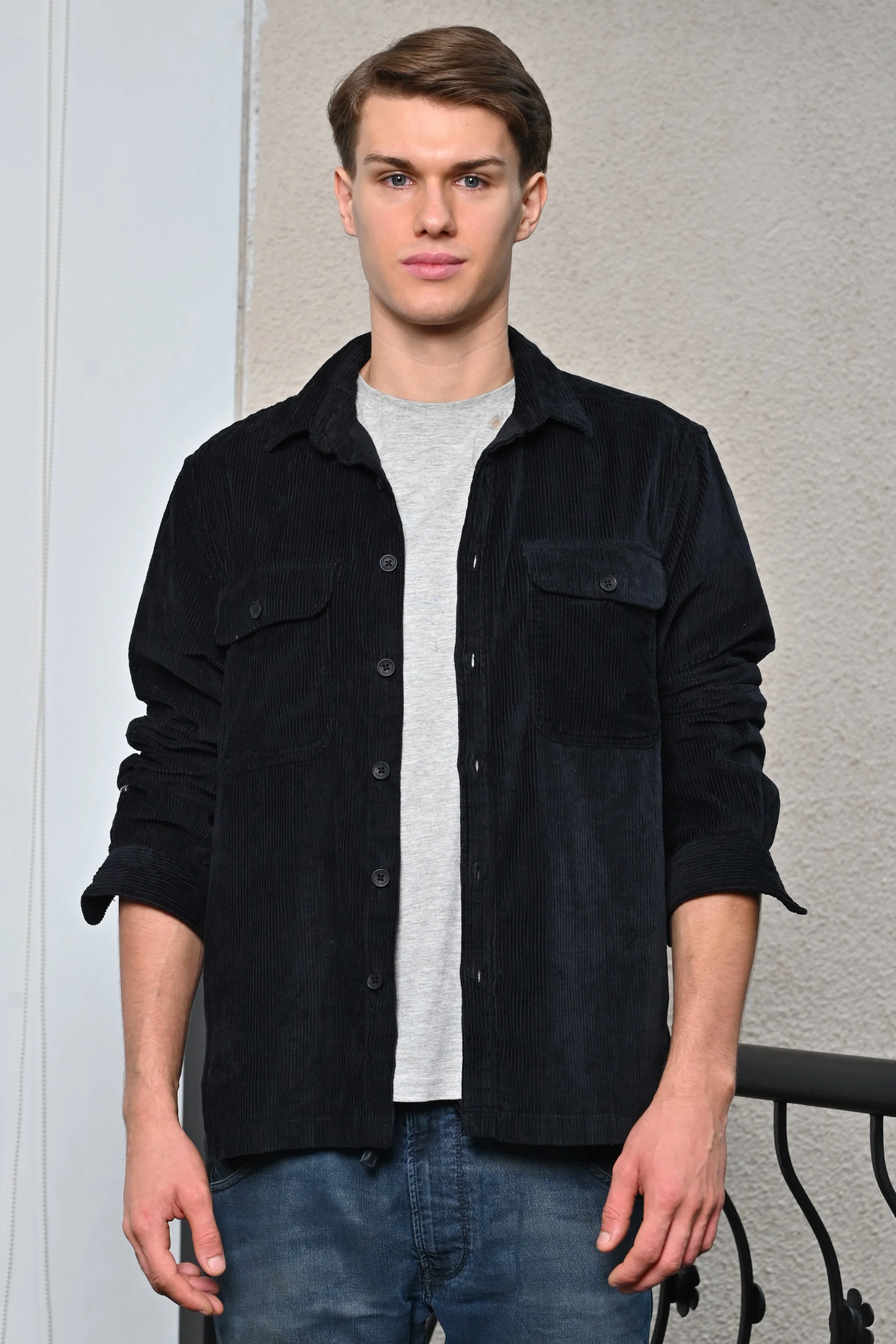 Men Topaz Black Heavy Corduroy Overshirt - Image 2