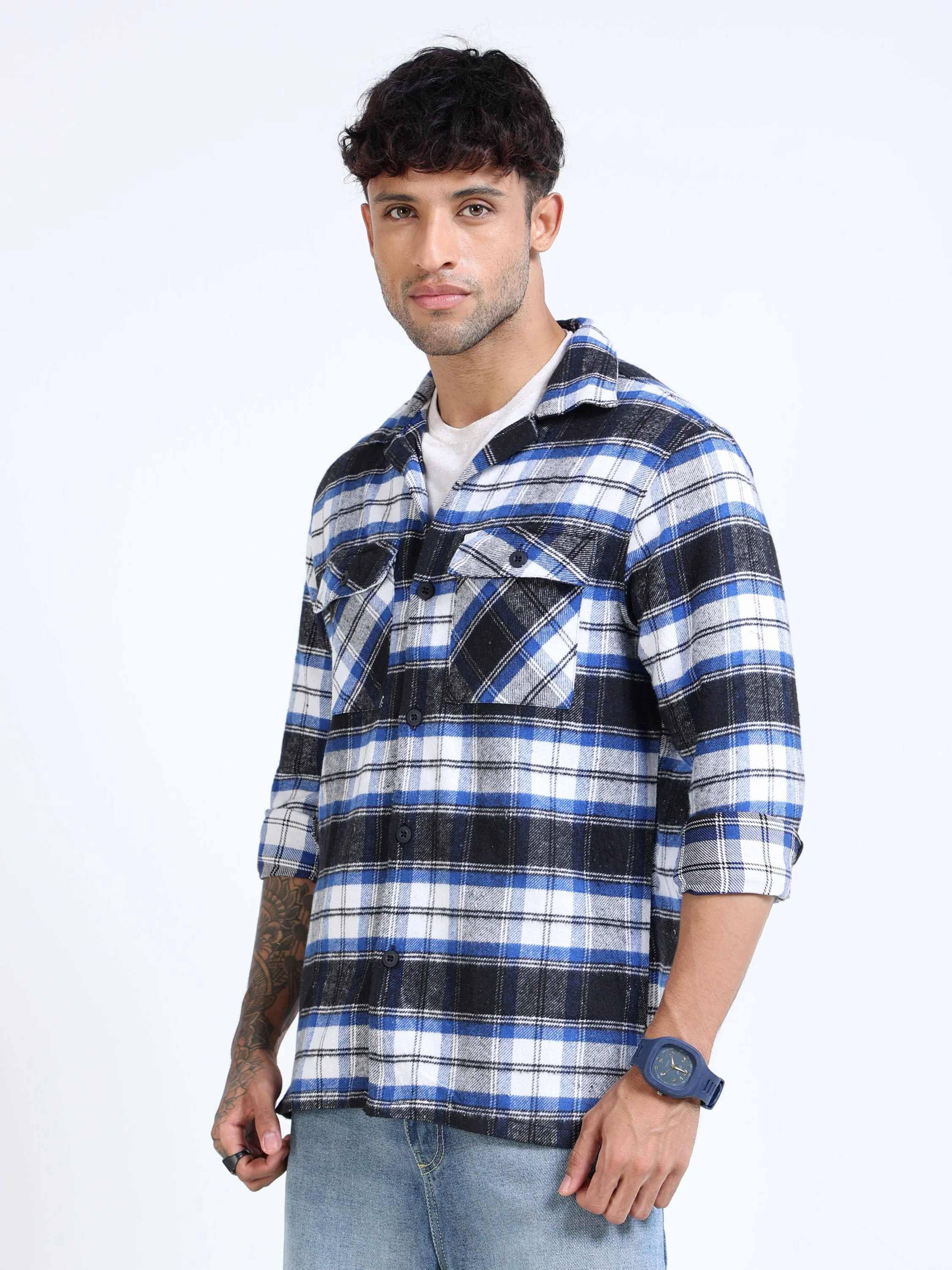Men Twill Blue Checked Brushed Overshirt - Image 2