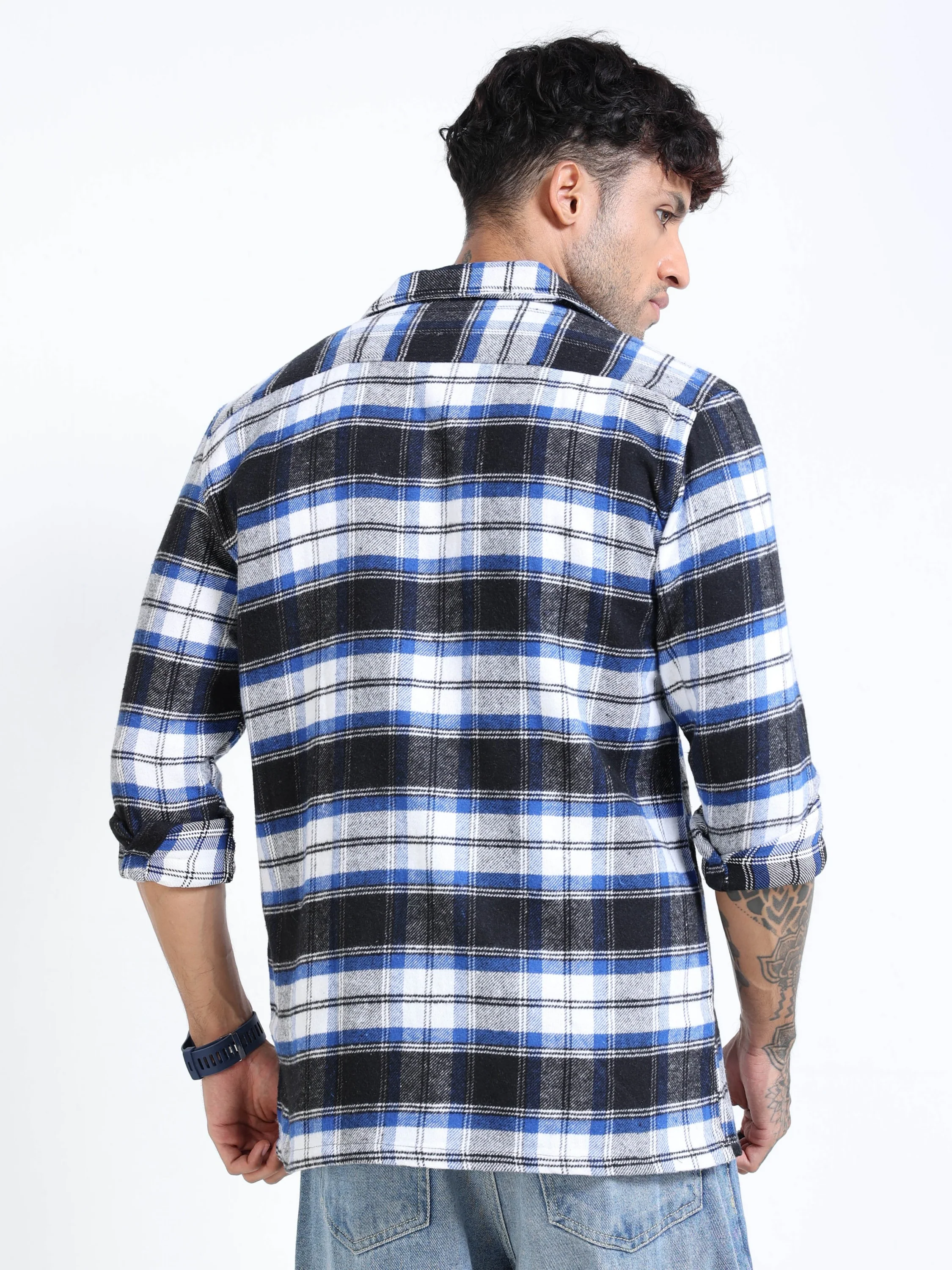 Men Twill Blue Checked Brushed Overshirt - Image 3