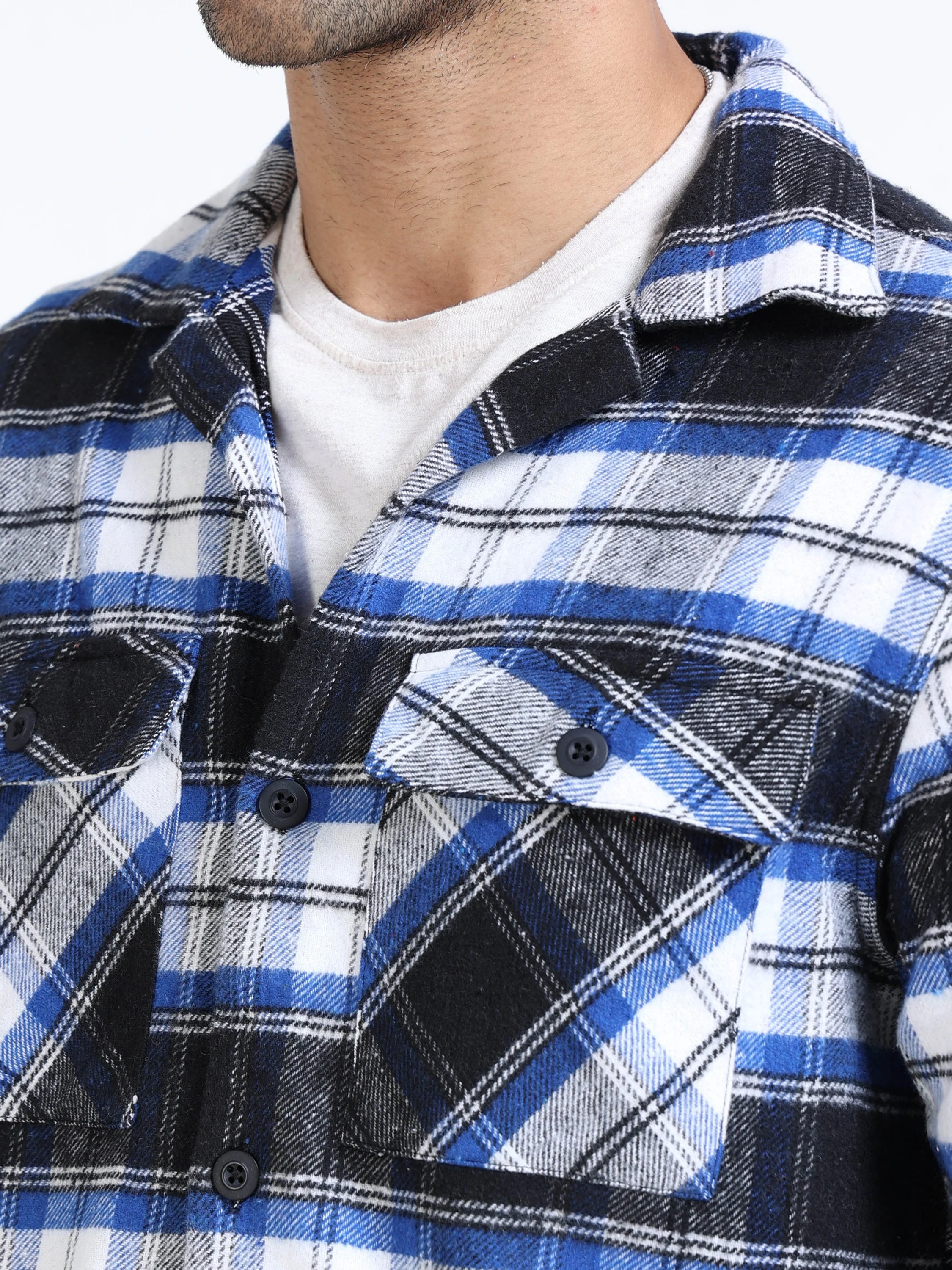 Men Twill Blue Checked Brushed Overshirt - Image 4