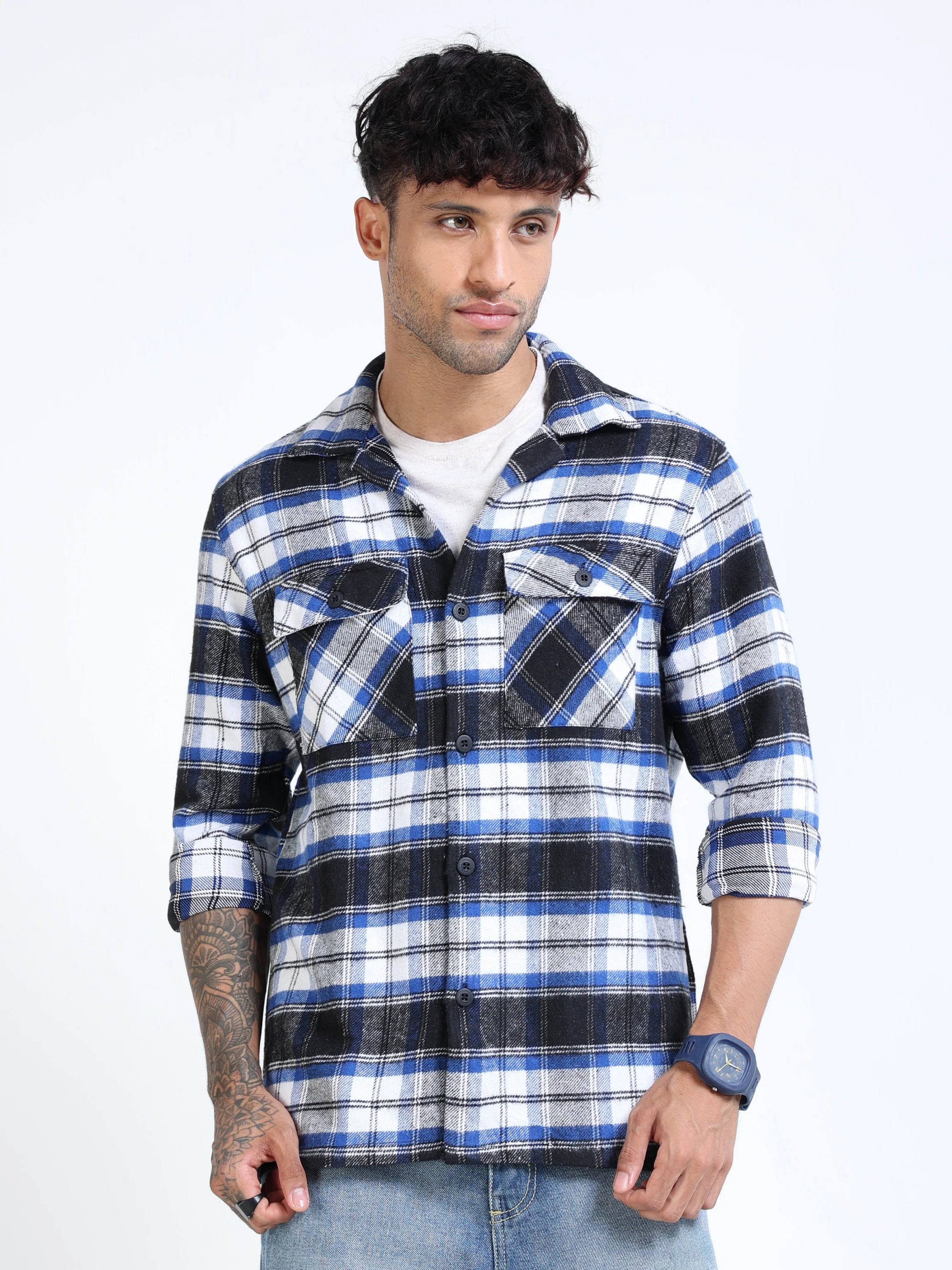 Men Twill Blue Checked Brushed Overshirt - Image 6
