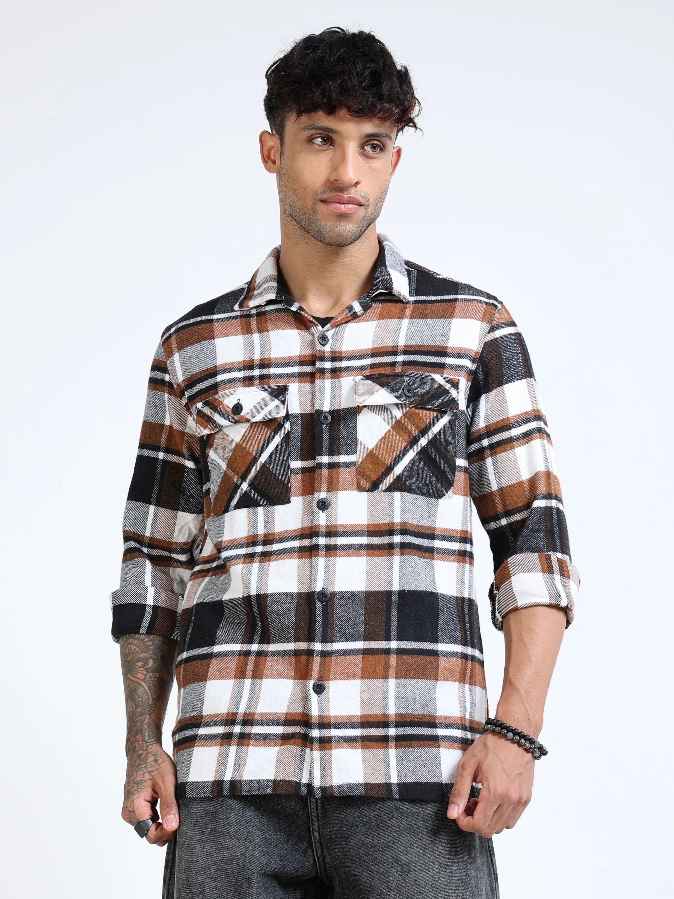 Men Twill Brown Checked Brushed Overshirt - Image 3