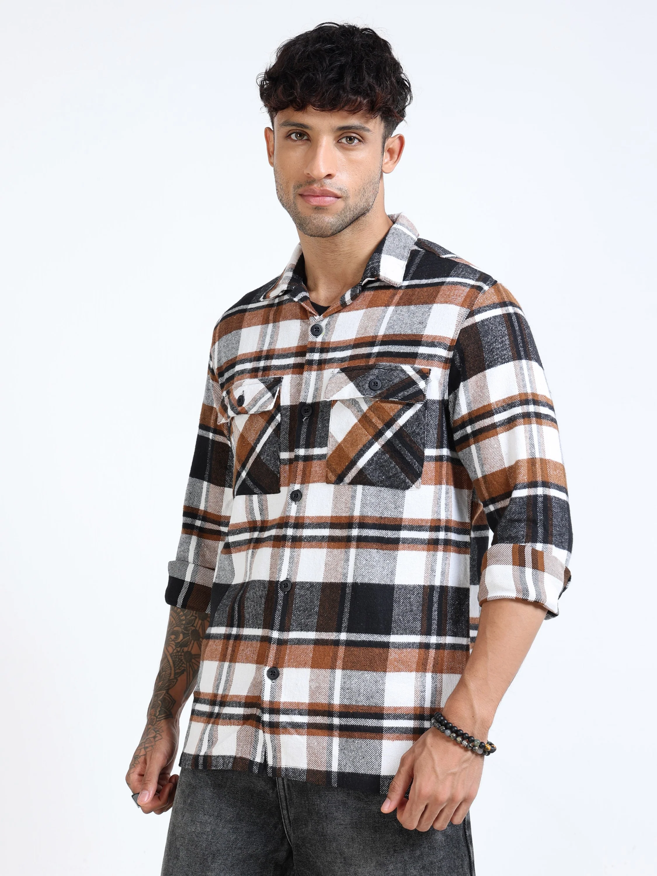 Men Twill Brown Checked Brushed Overshirt - Image 4