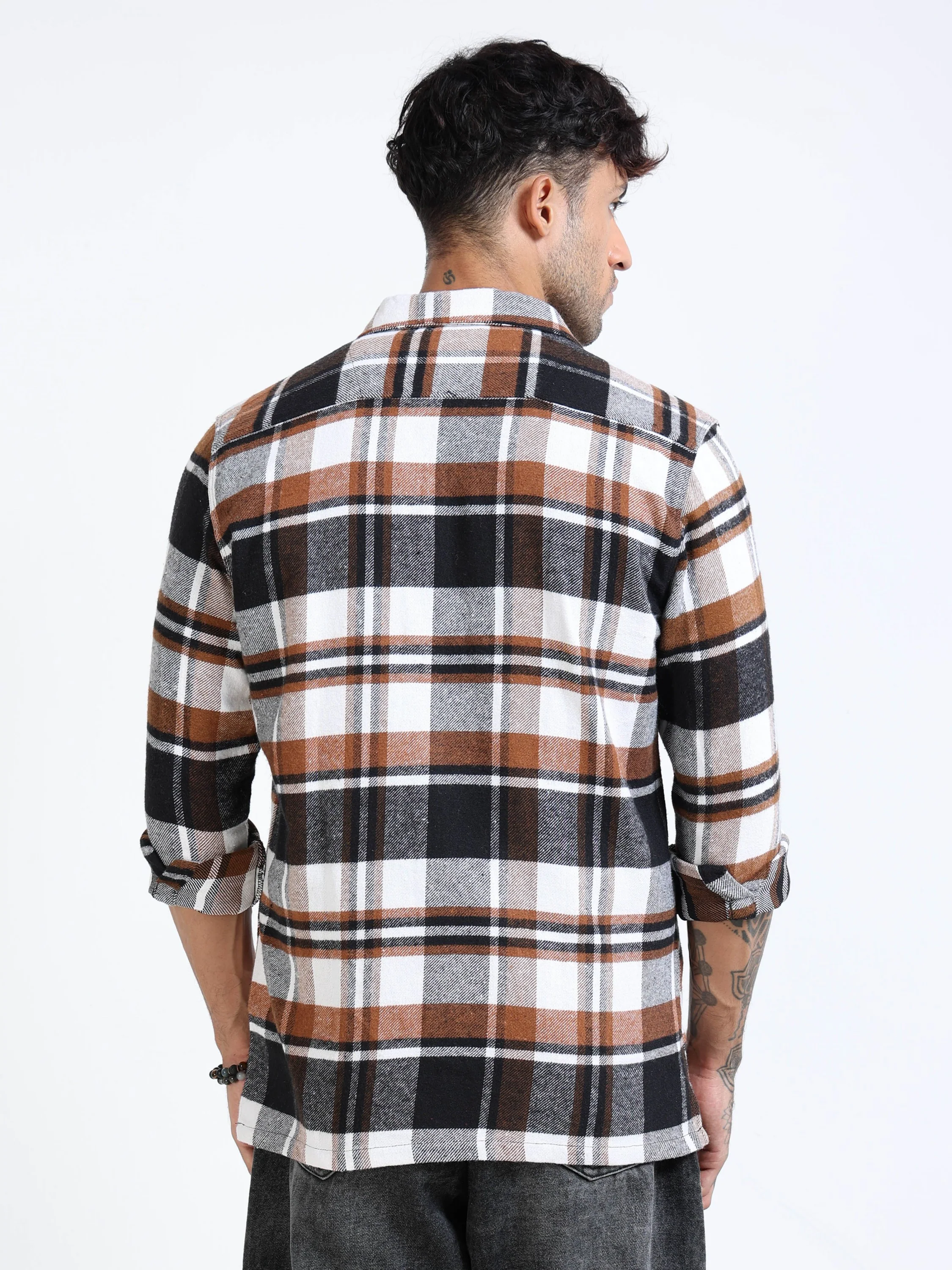 Men Twill Brown Checked Brushed Overshirt - Image 5