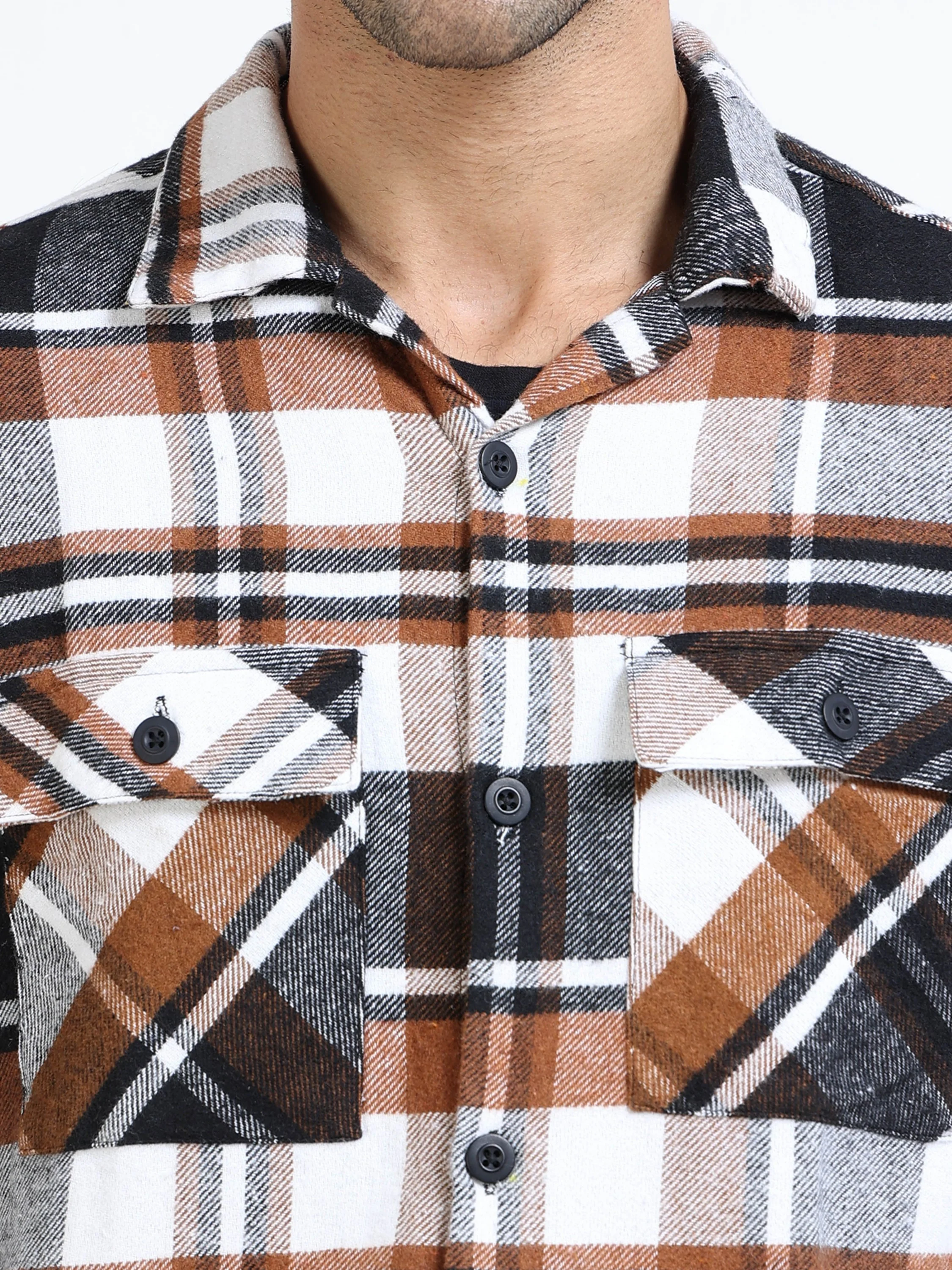 Men Twill Brown Checked Brushed Overshirt - Image 6