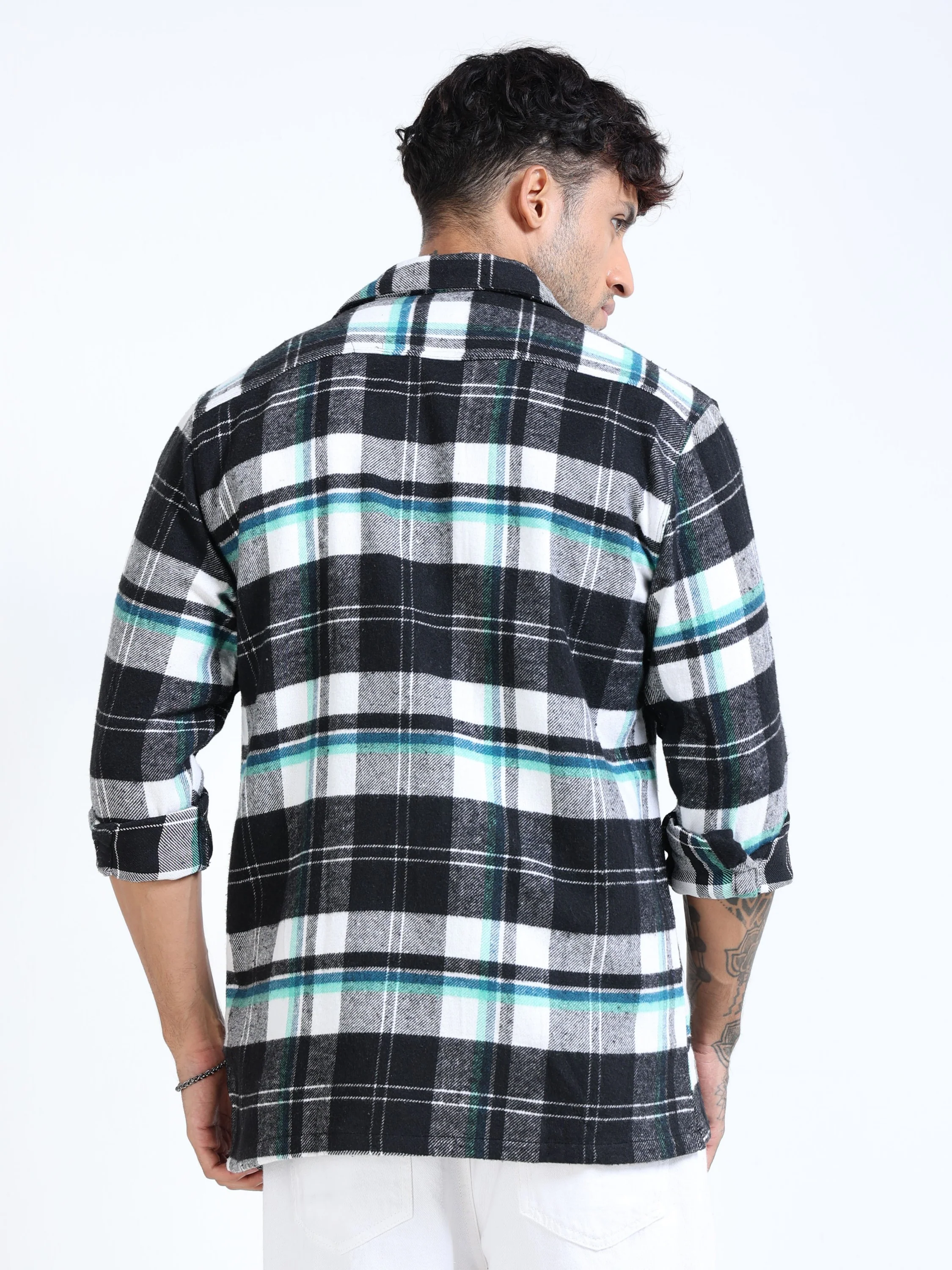 Men Twill Checked Black Casual Overshirt - Image 3