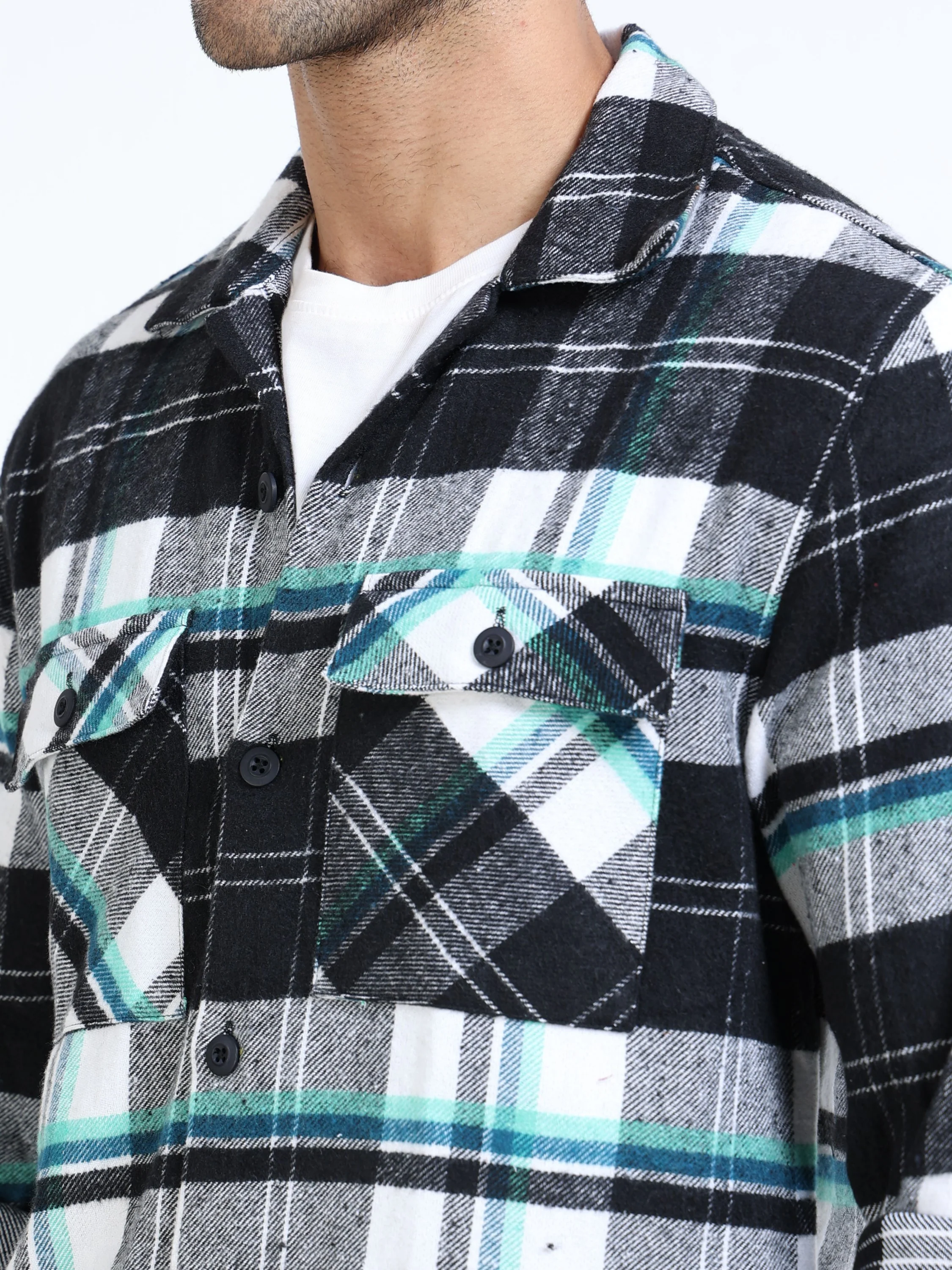 Men Twill Checked Black Casual Overshirt - Image 4