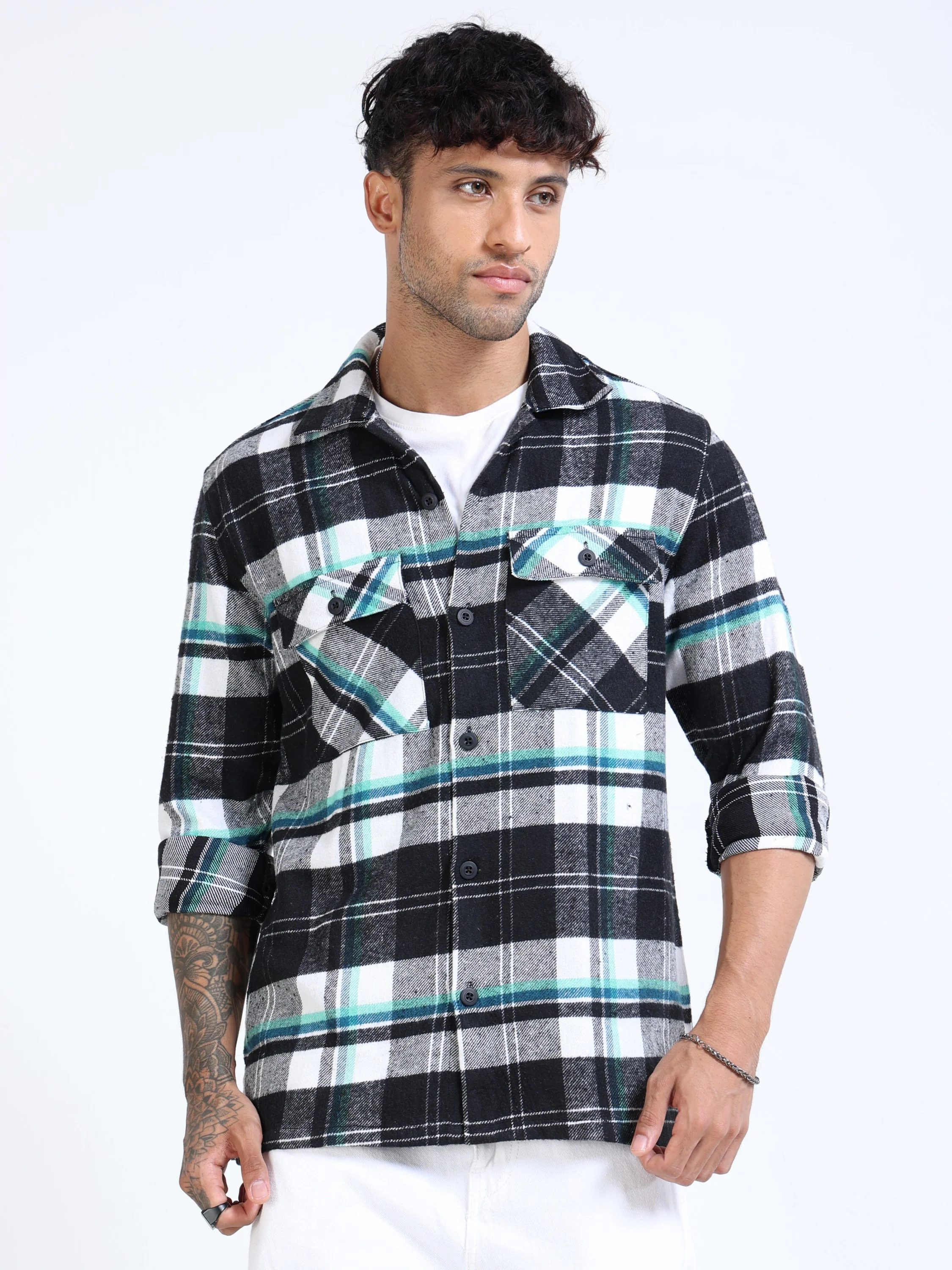 Men Twill Checked Black Casual Overshirt - Image 6