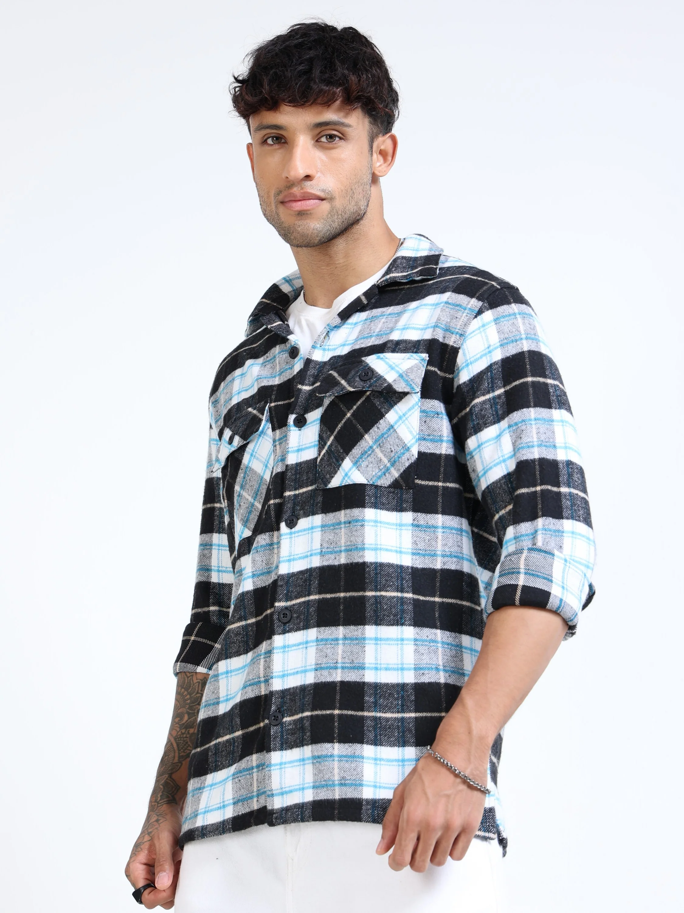 Men Twill Checked Black Cotton Blend Overshirt - Image 2