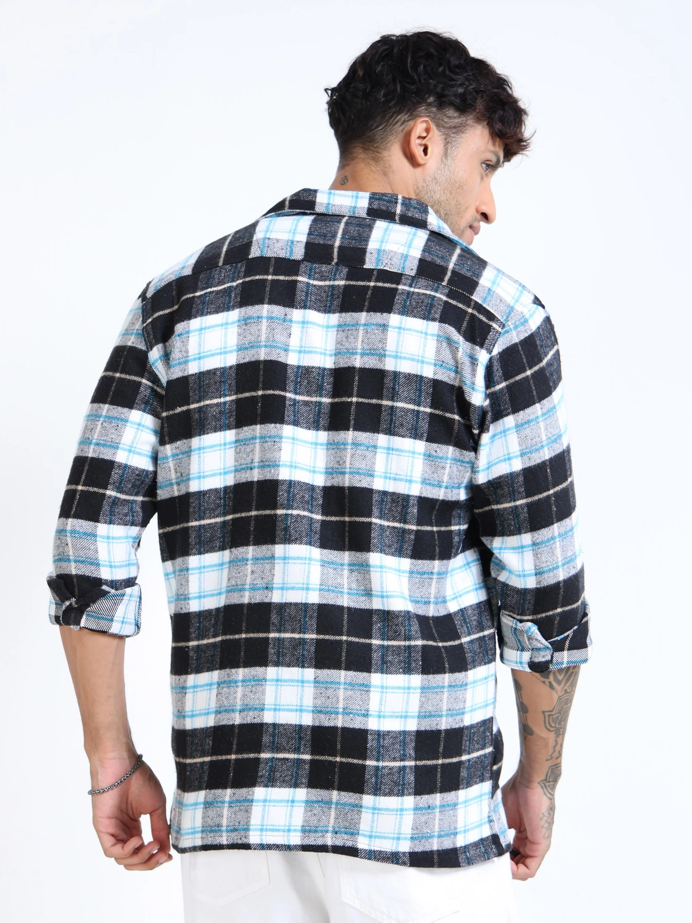 Men Twill Checked Black Cotton Blend Overshirt - Image 3