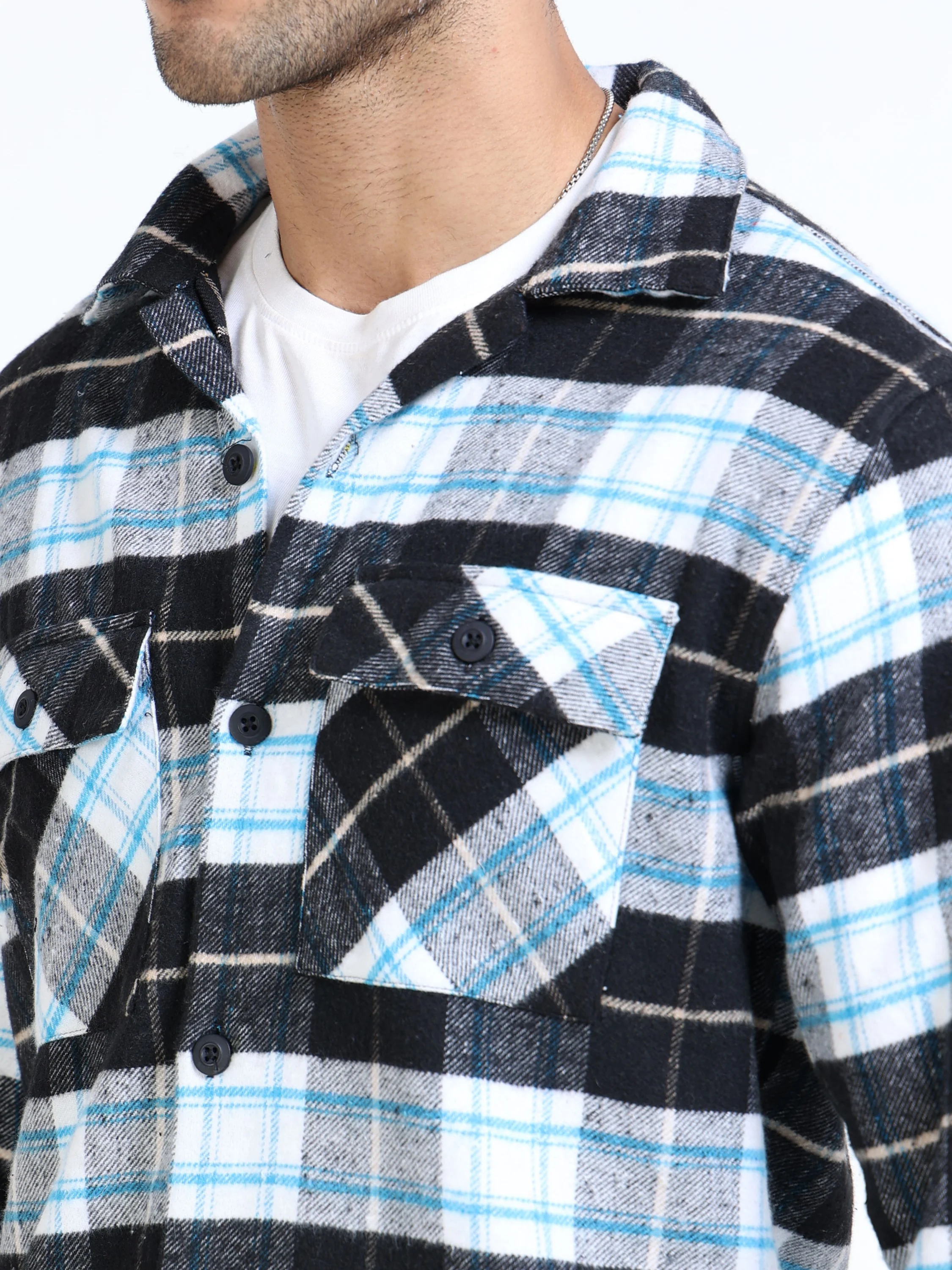 Men Twill Checked Black Cotton Blend Overshirt - Image 4
