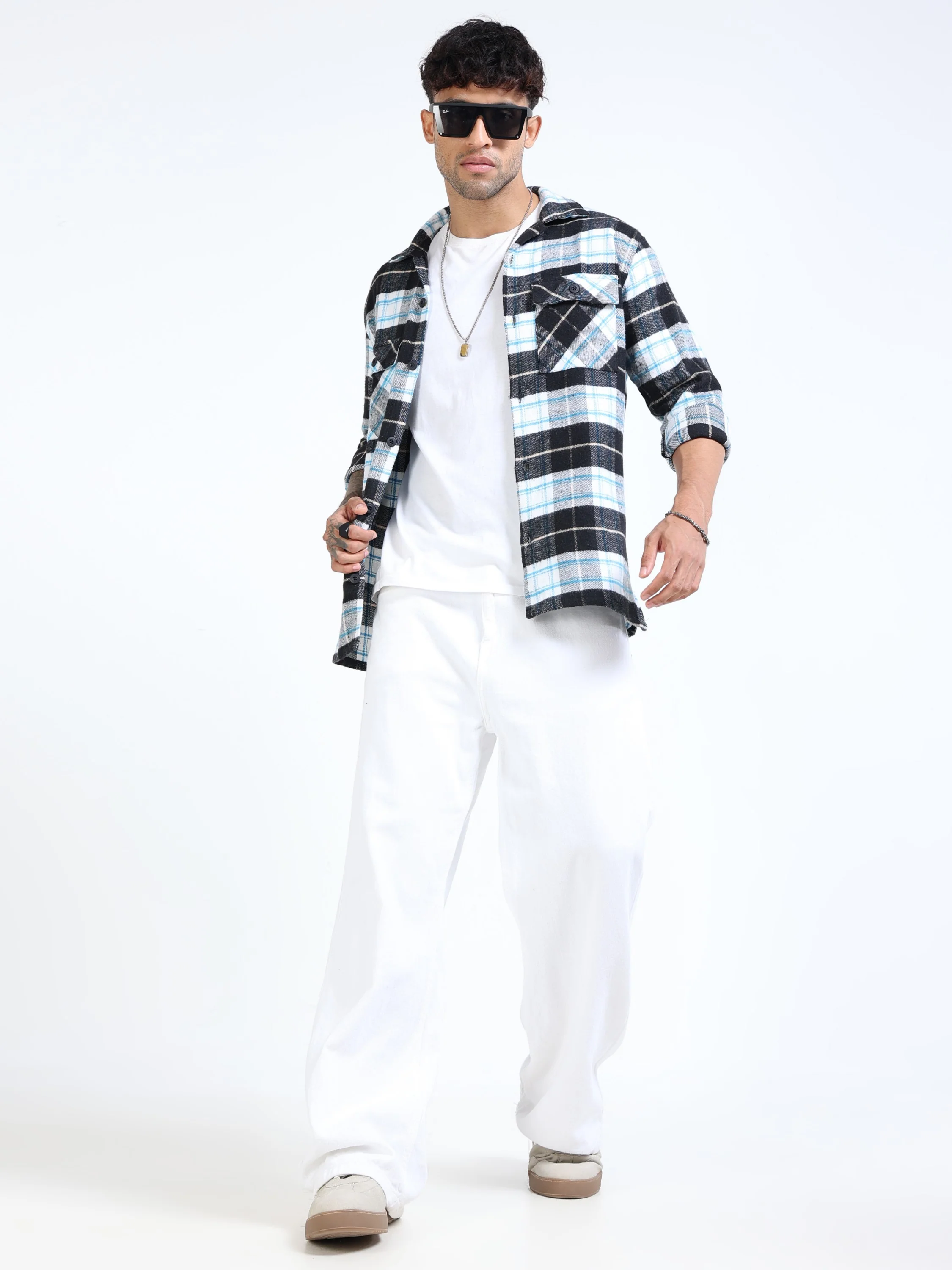 Men Twill Checked Black Cotton Blend Overshirt - Image 5