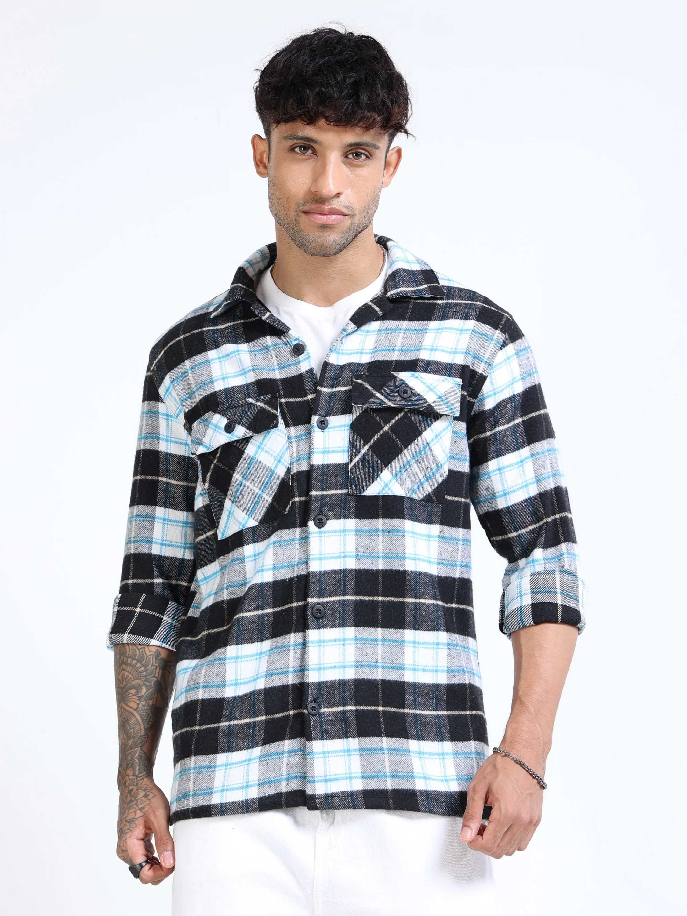 Men Twill Checked Black Cotton Blend Overshirt - Image 6