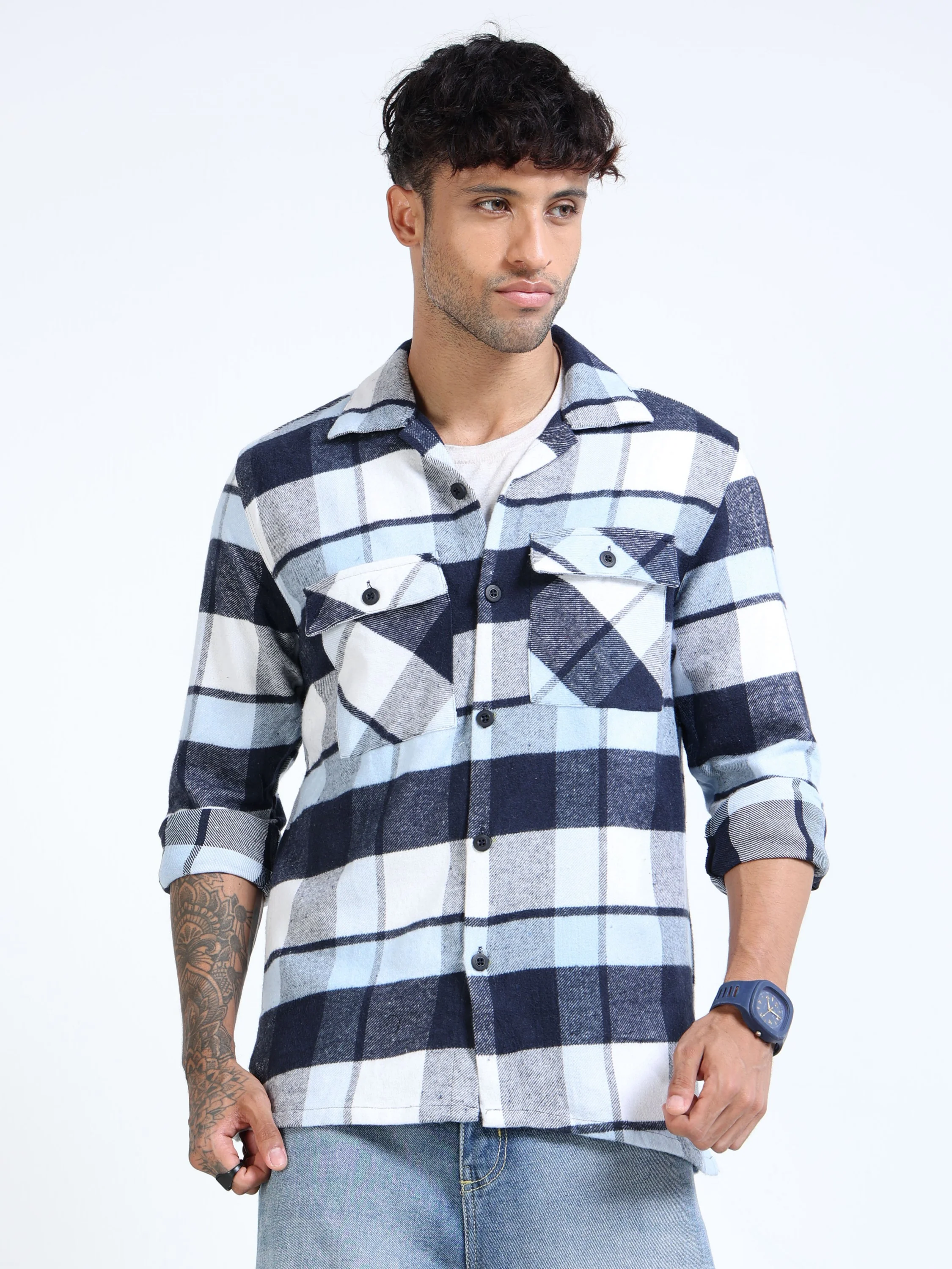 Men Twill Checked Sky Overshirt - Image 2