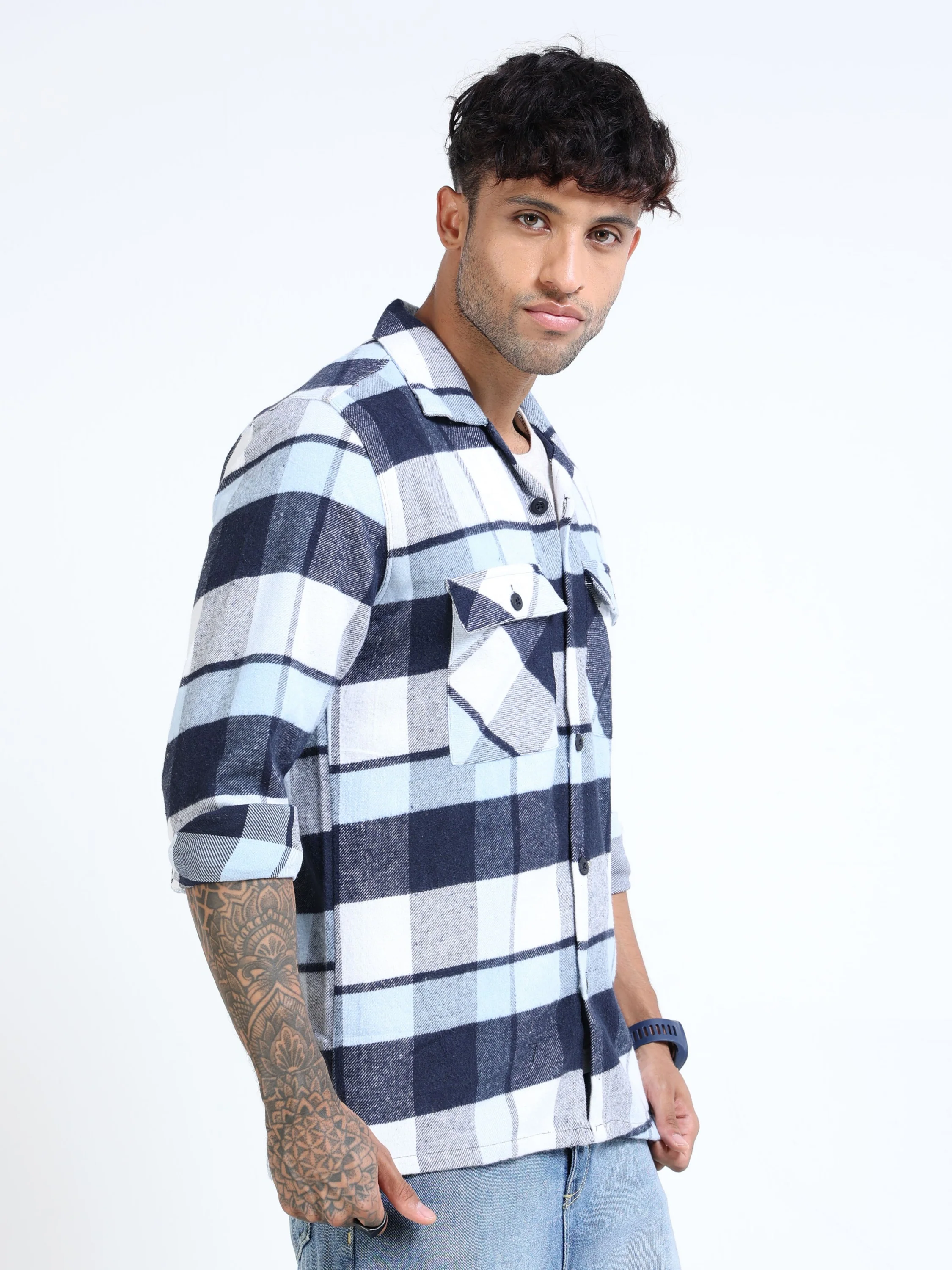 Men Twill Checked Sky Overshirt - Image 3
