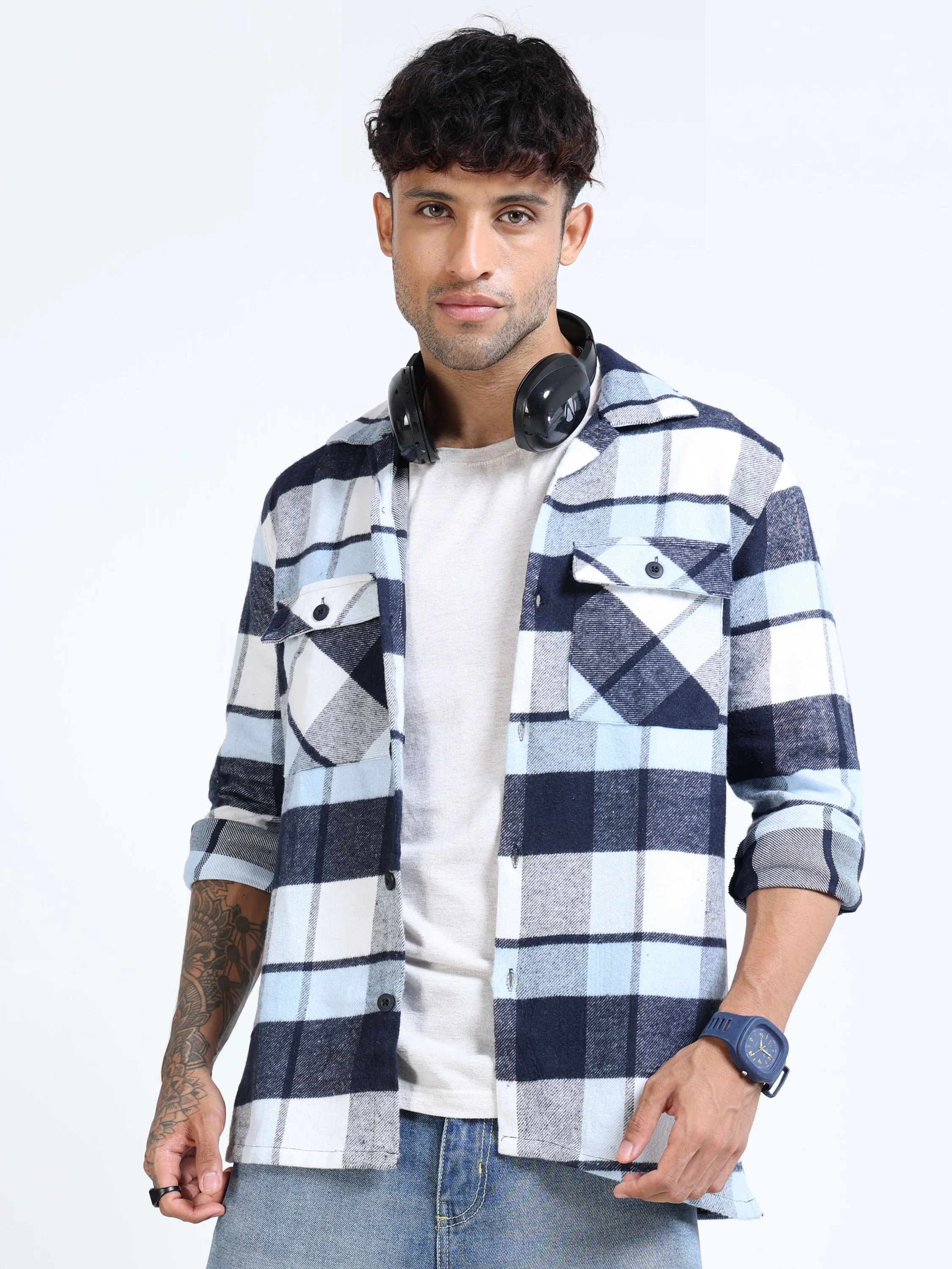 Men Twill Checked Sky Overshirt - Image 6