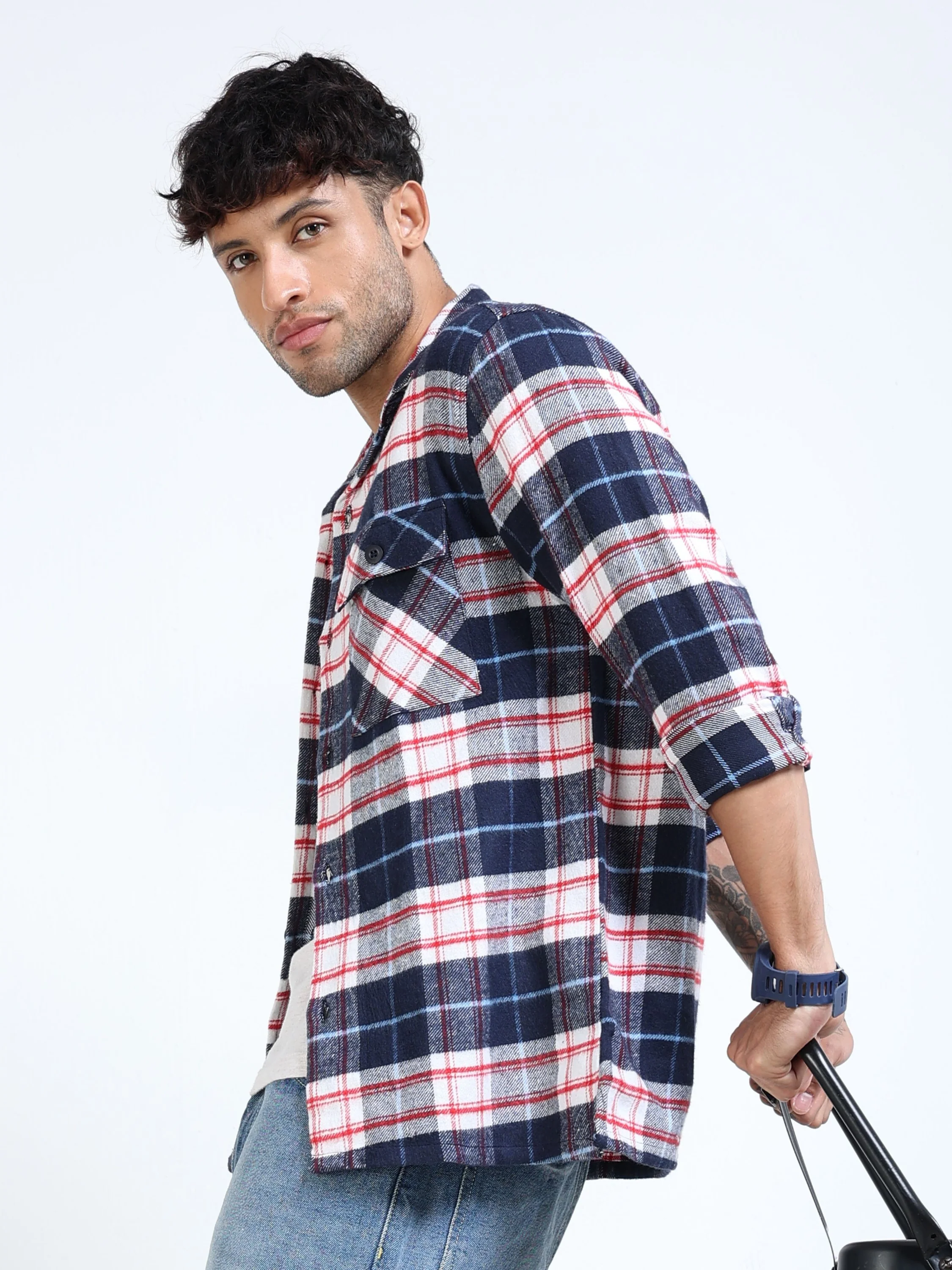 Men Twill Navy Checked Brushed Overshirt - Image 2