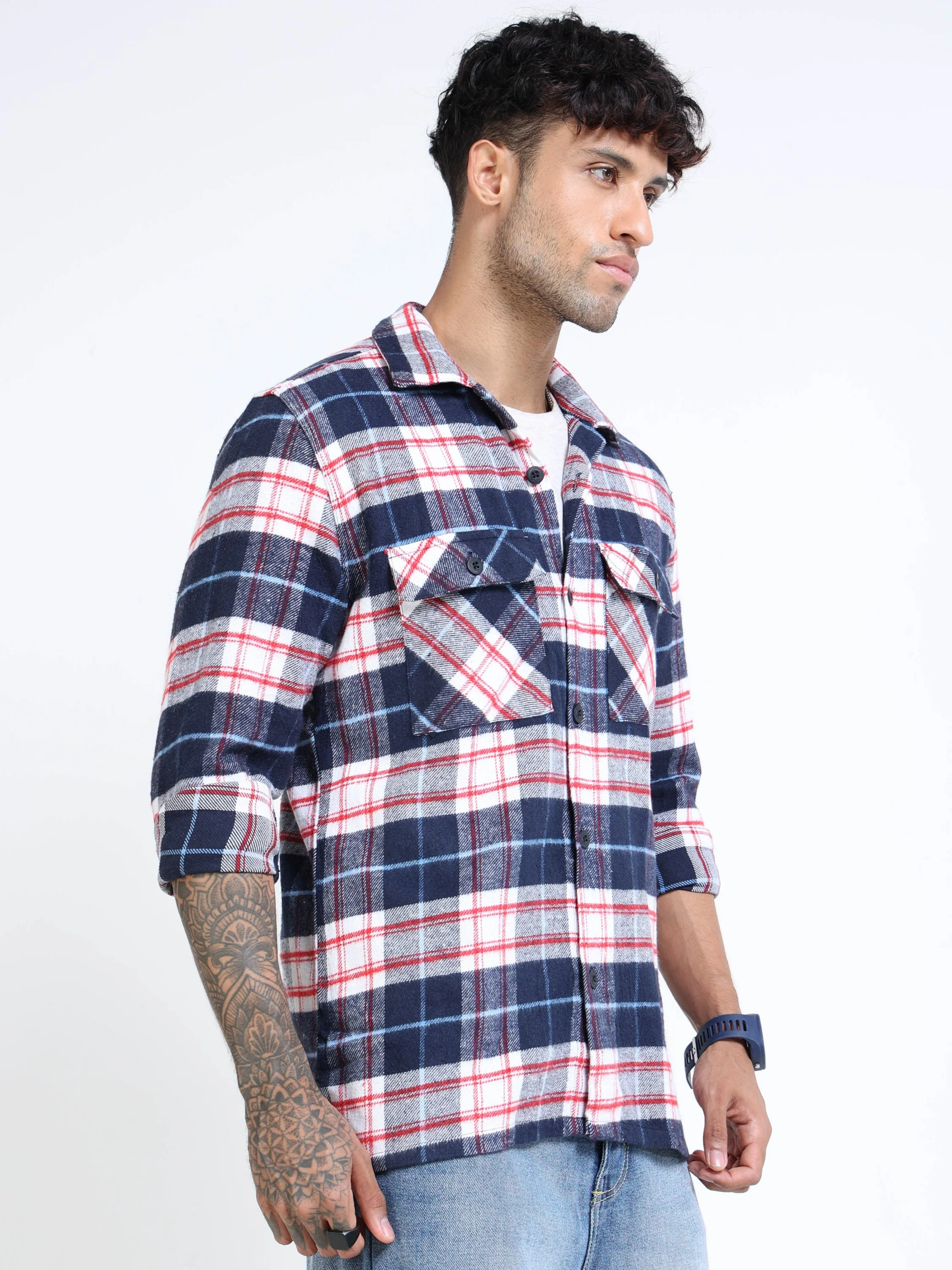 Men Twill Navy Checked Brushed Overshirt - Image 3