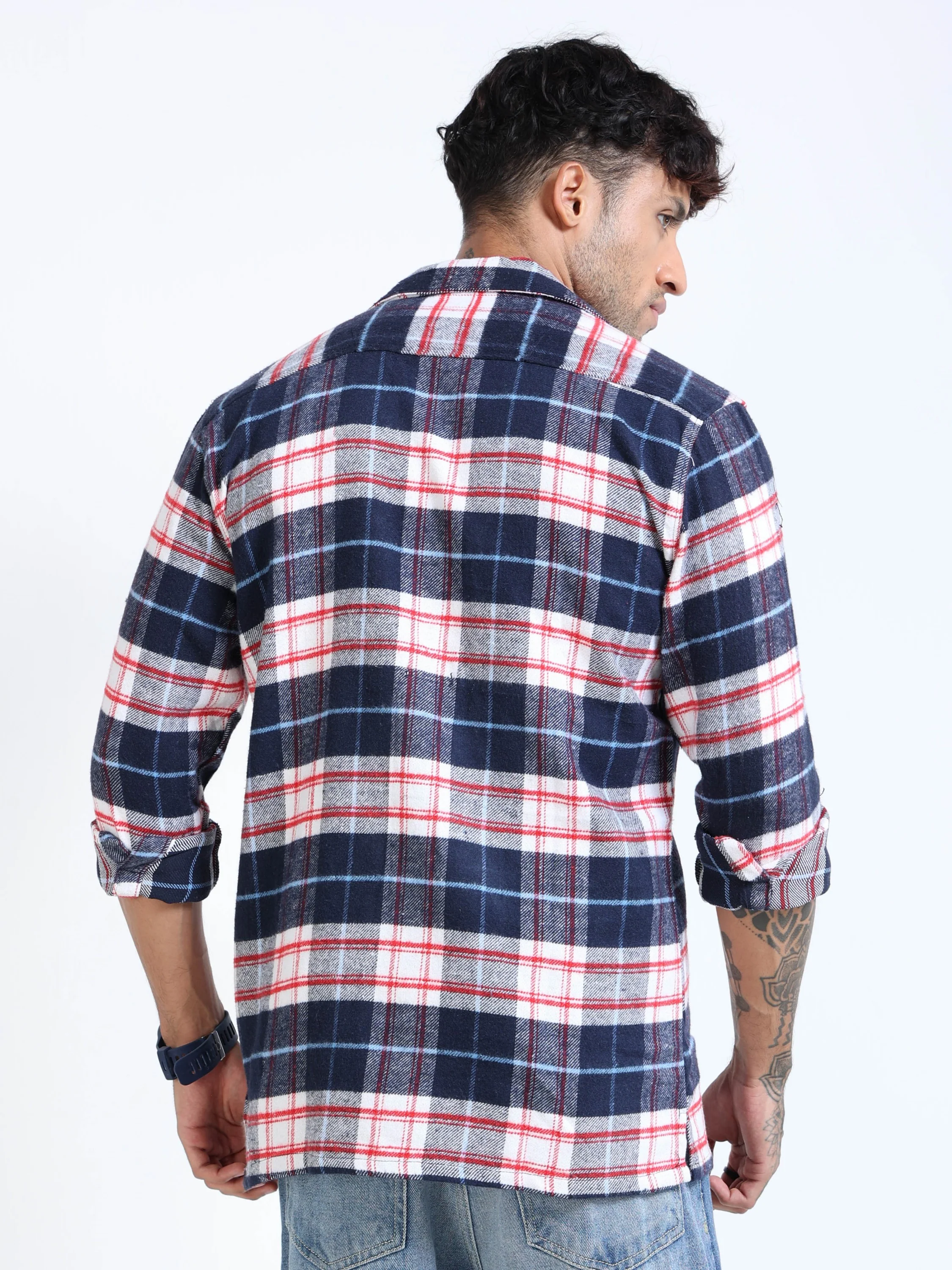 Men Twill Navy Checked Brushed Overshirt - Image 4