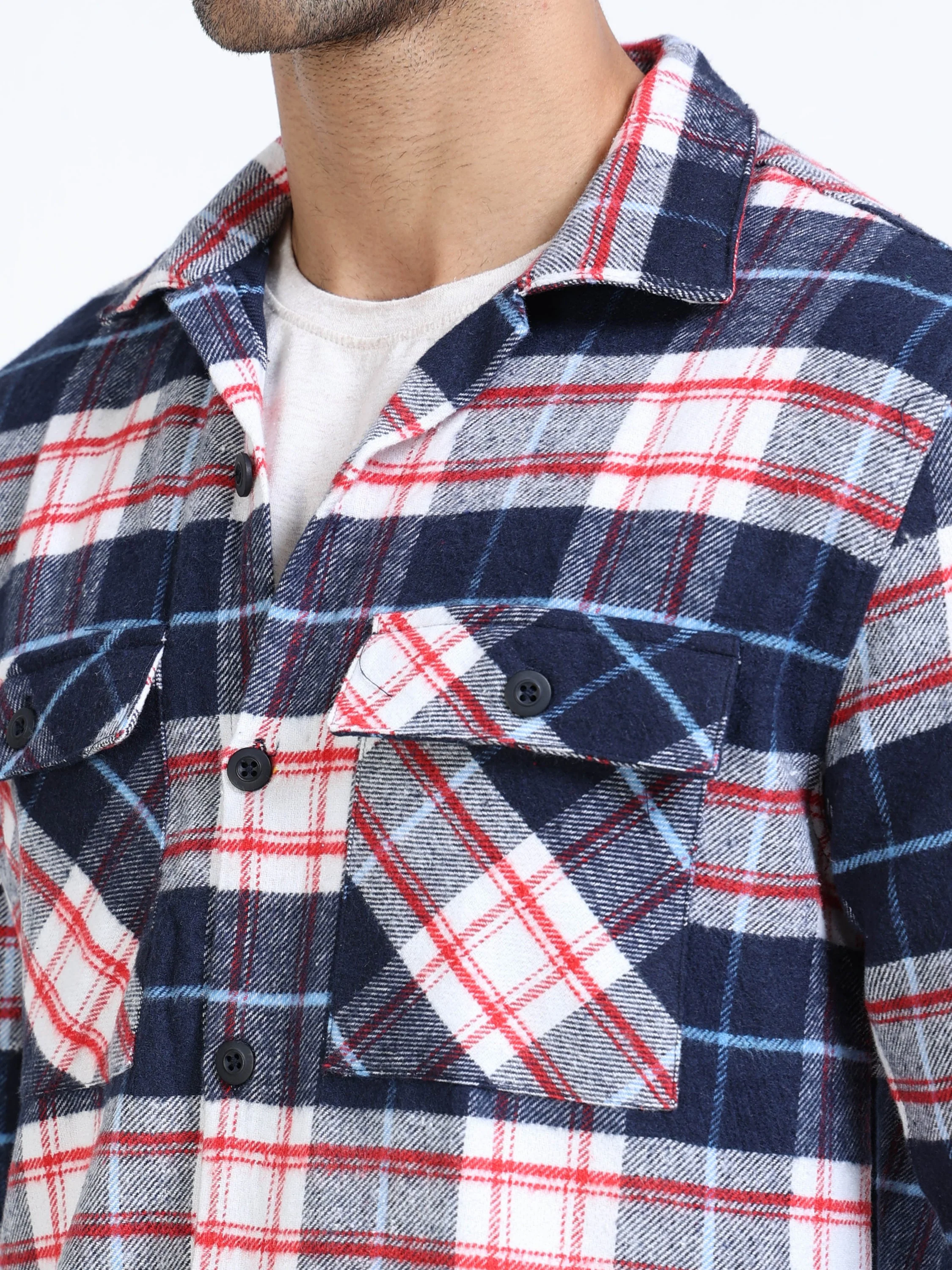 Men Twill Navy Checked Brushed Overshirt - Image 5
