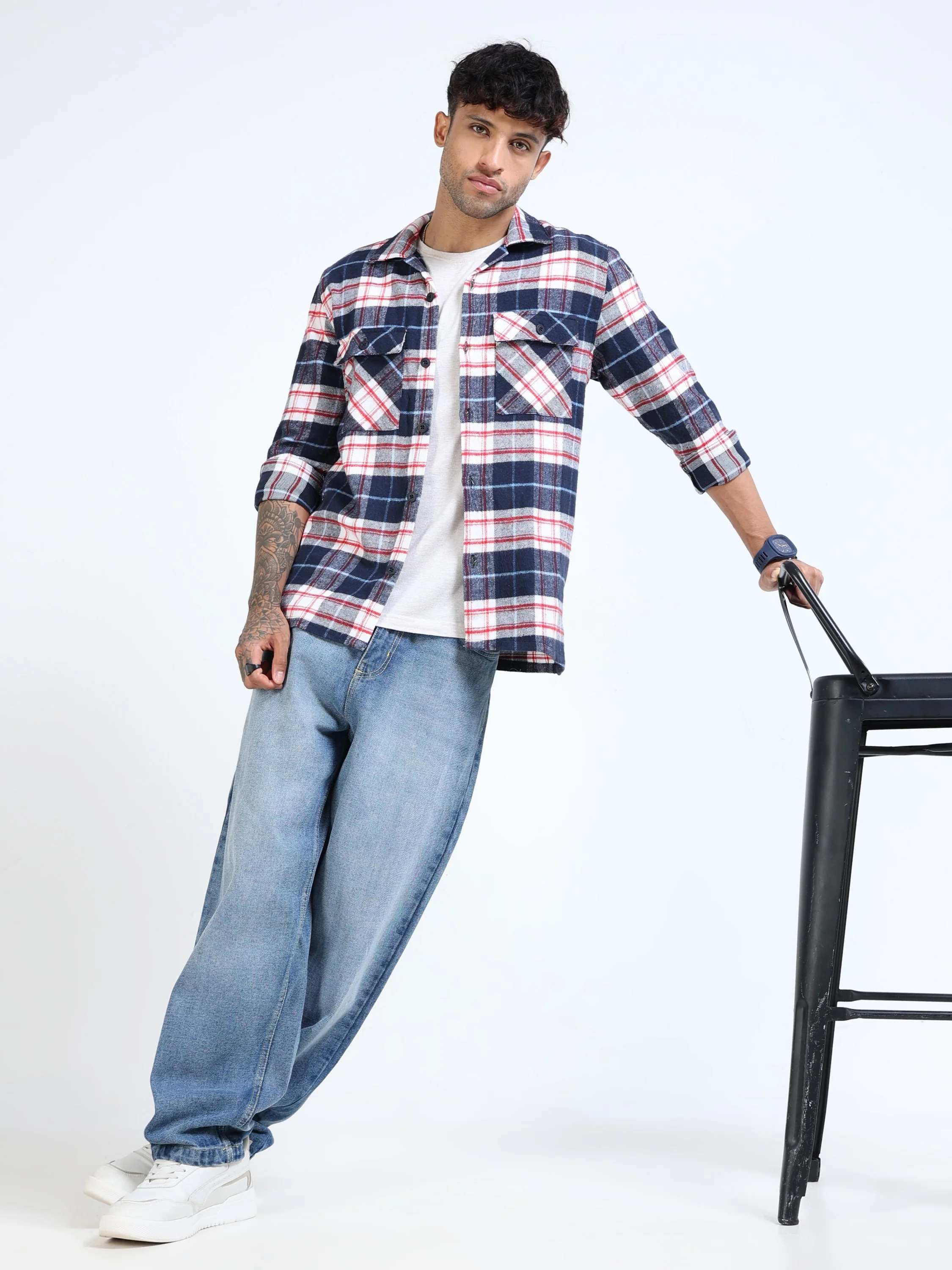 Men Twill Navy Checked Brushed Overshirt - Image 6