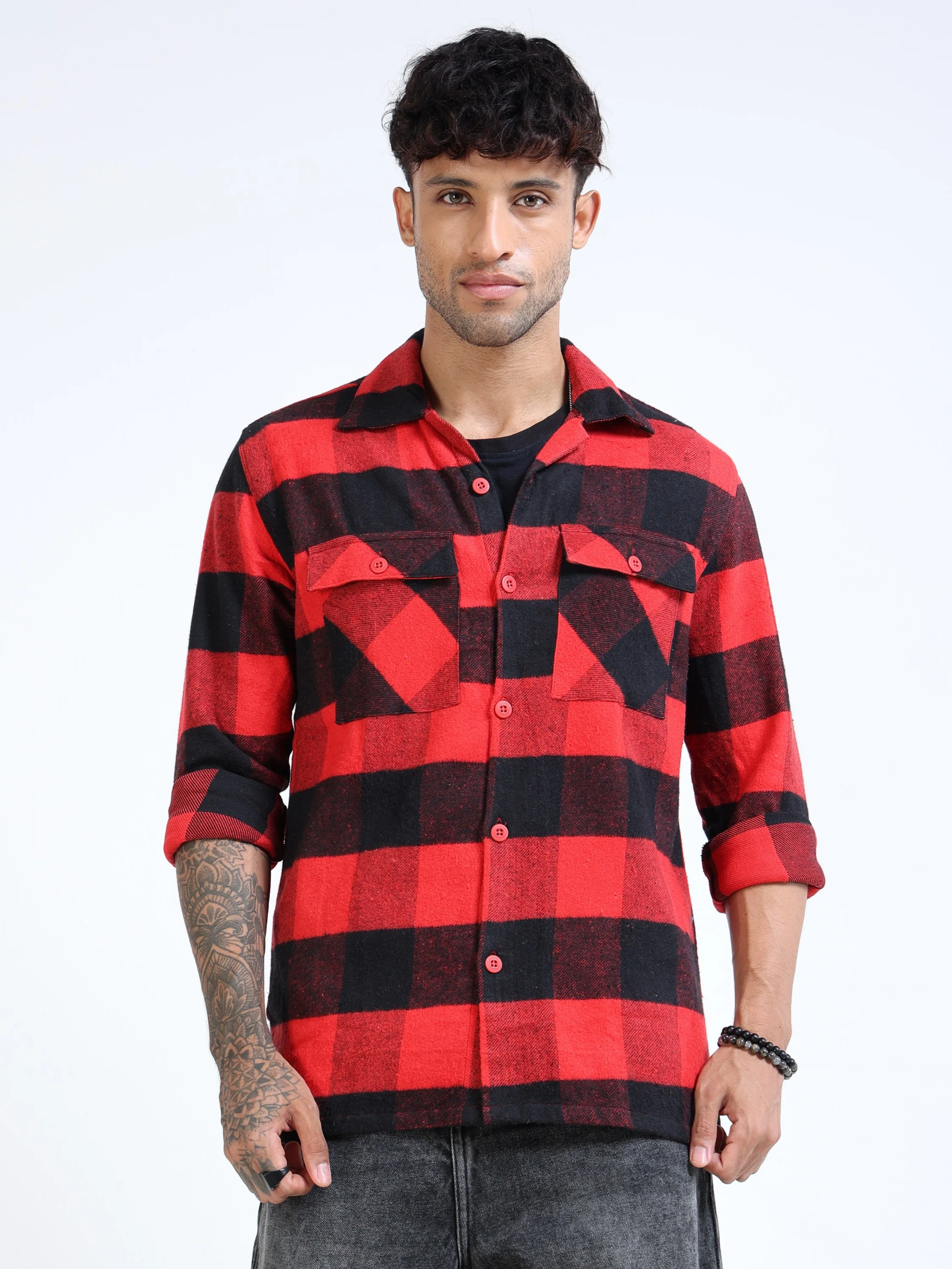 Men Twill Red Checked Cotton Blend Overshirt - Image 2