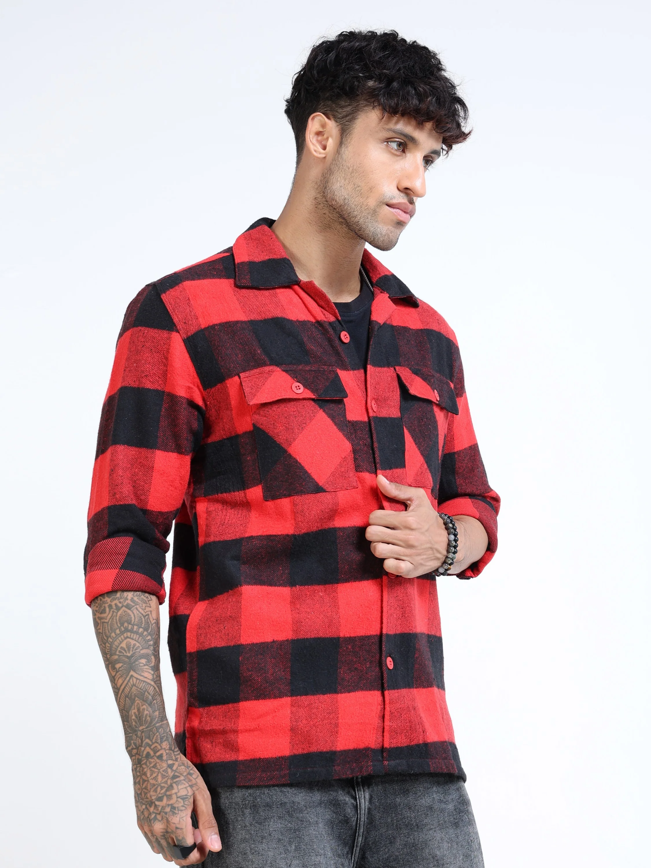 Men Twill Red Checked Cotton Blend Overshirt - Image 3