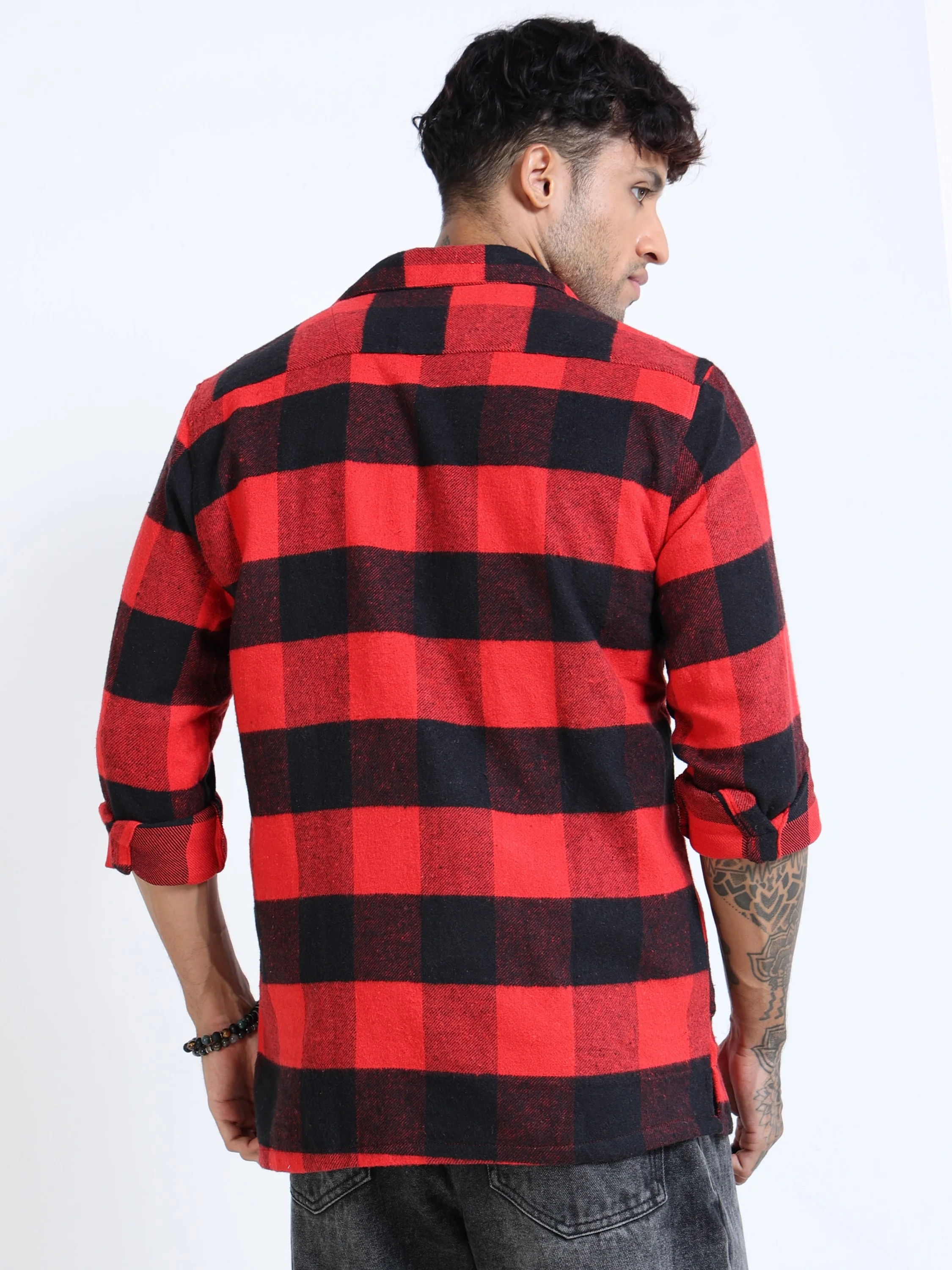 Men Twill Red Checked Cotton Blend Overshirt - Image 4