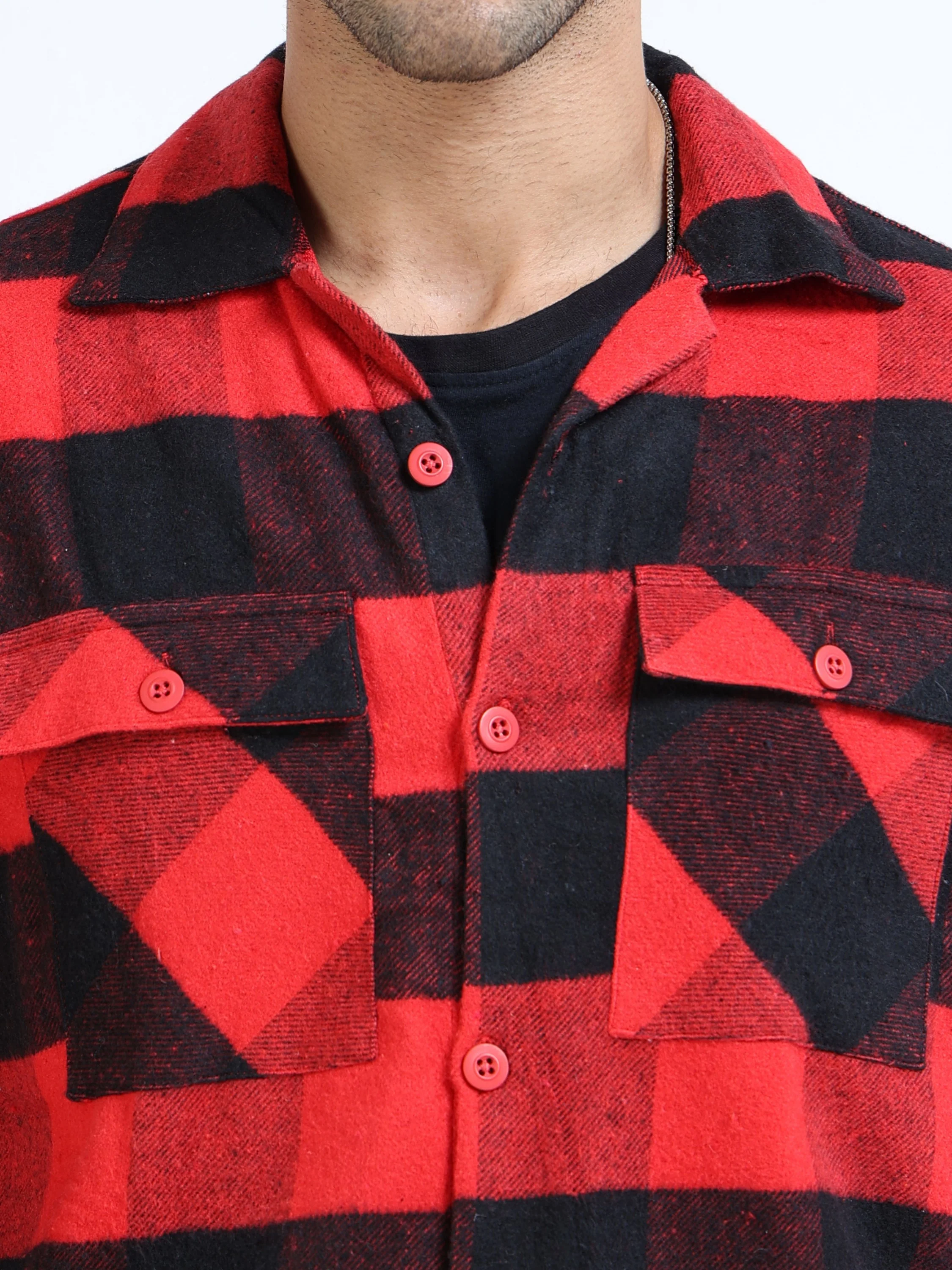 Men Twill Red Checked Cotton Blend Overshirt - Image 5