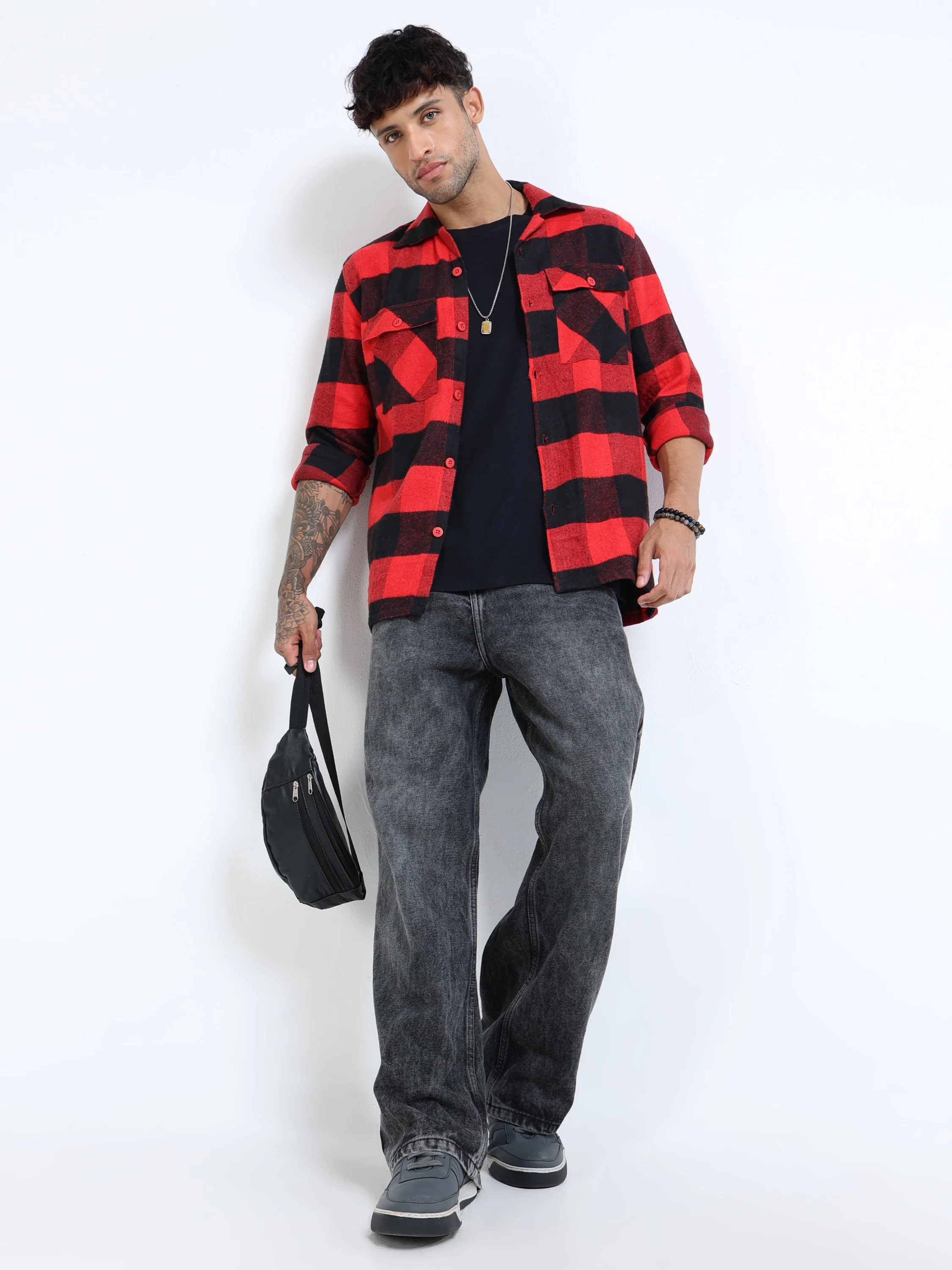 Men Twill Red Checked Cotton Blend Overshirt - Image 6