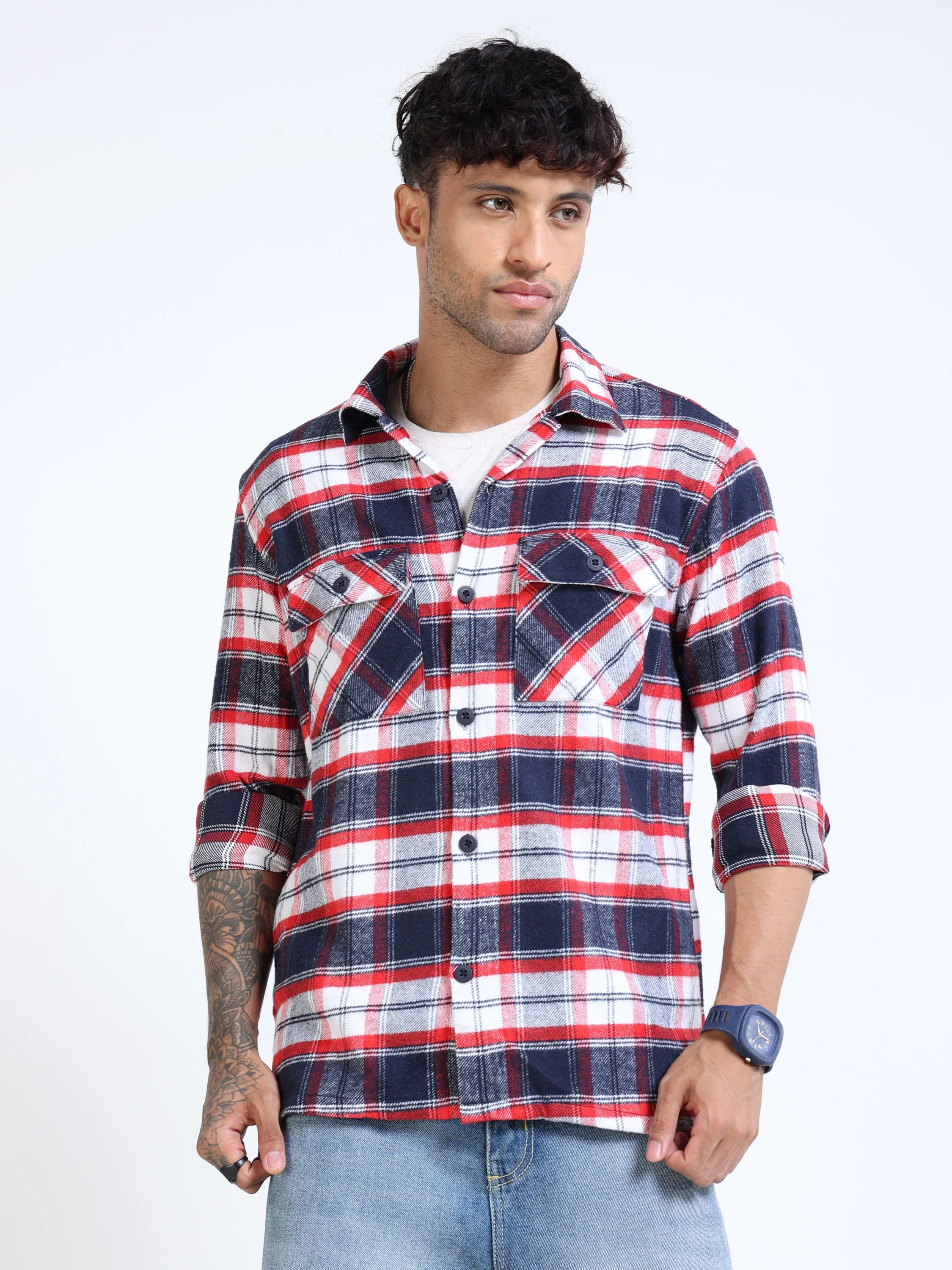 Men Twill Red Checked Overshirt - Image 2